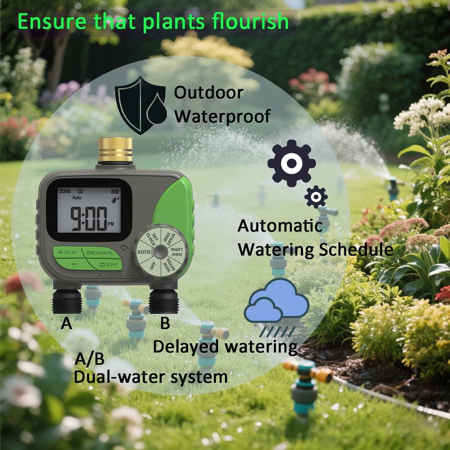 Sistema di irrigazione a goccia per giardino con timer dell'acqua, ID principale 1/2" 32Ft e 1/4" 131Ft tubo dell'acqua, doppio sistema di irrigazione sufficiente pressione dell'acqua, gocciolatore di
