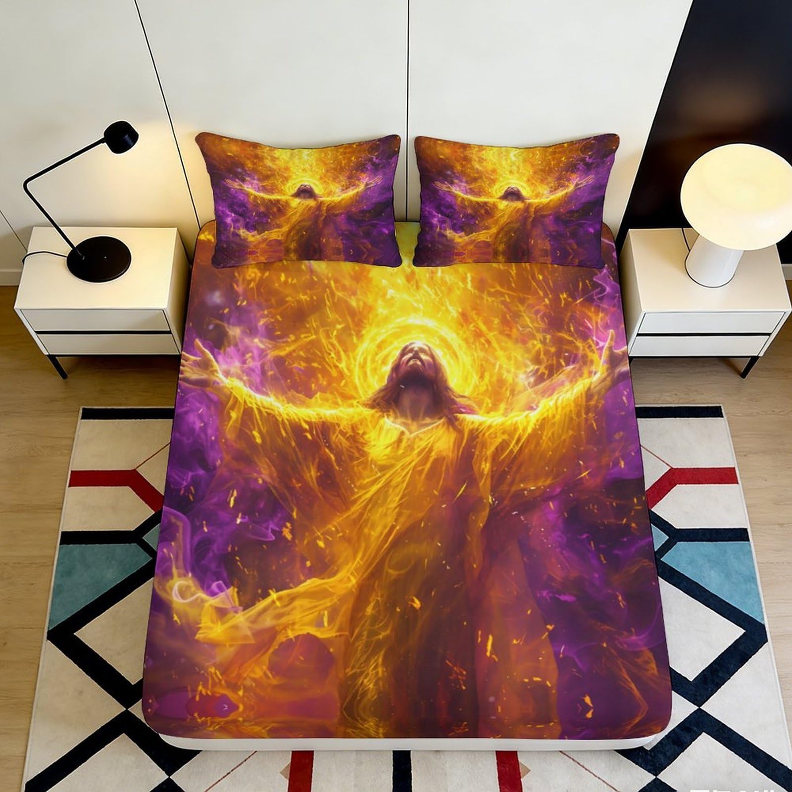 3D Printed Radiant Angel Fitted Sheet Microfiber Soft Purple Gold Bedroom Decor Mattress Cover for Home Dorm 90x200x25cm