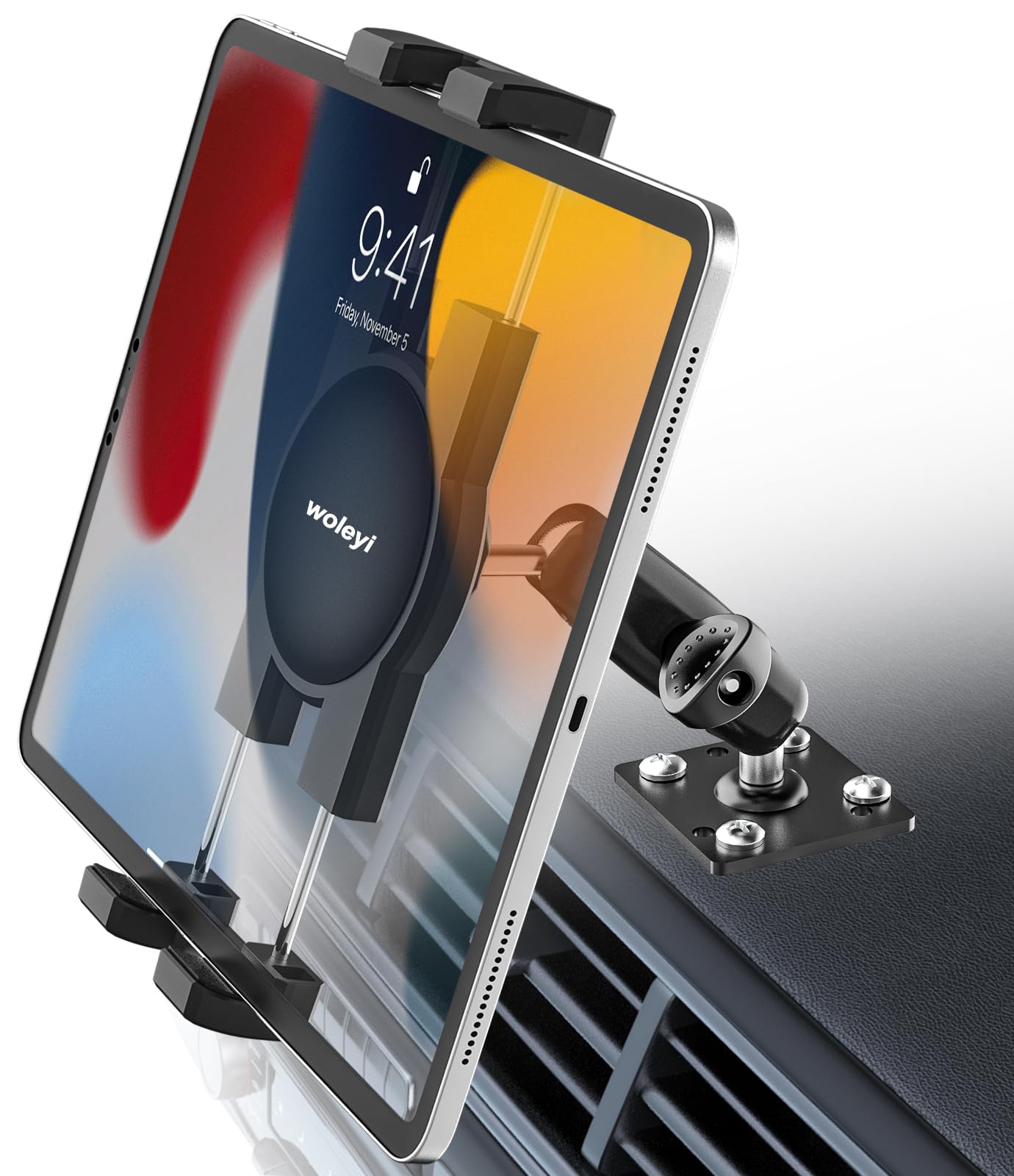 Supporto Tablet Auto con Base Trapano, Supporto Tablet Cruscotto per Veicolo Camion Camper Barca con Braccio Metallico Regolabile per iPad Mini, Air, Pro, Galaxy, Kindle, Fire, Telefono, 4-13"
