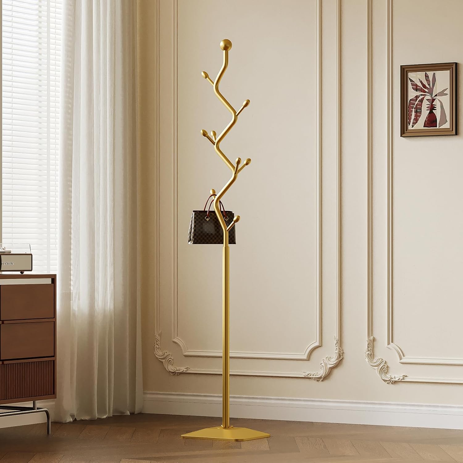 Gold coat rack,Coat Tree Freestanding heavy duty with 8 Hooks and Sturdy Metal Base for Coat Hats Purses,Tree-shaped Coat Stand for Entryway,Bedroom