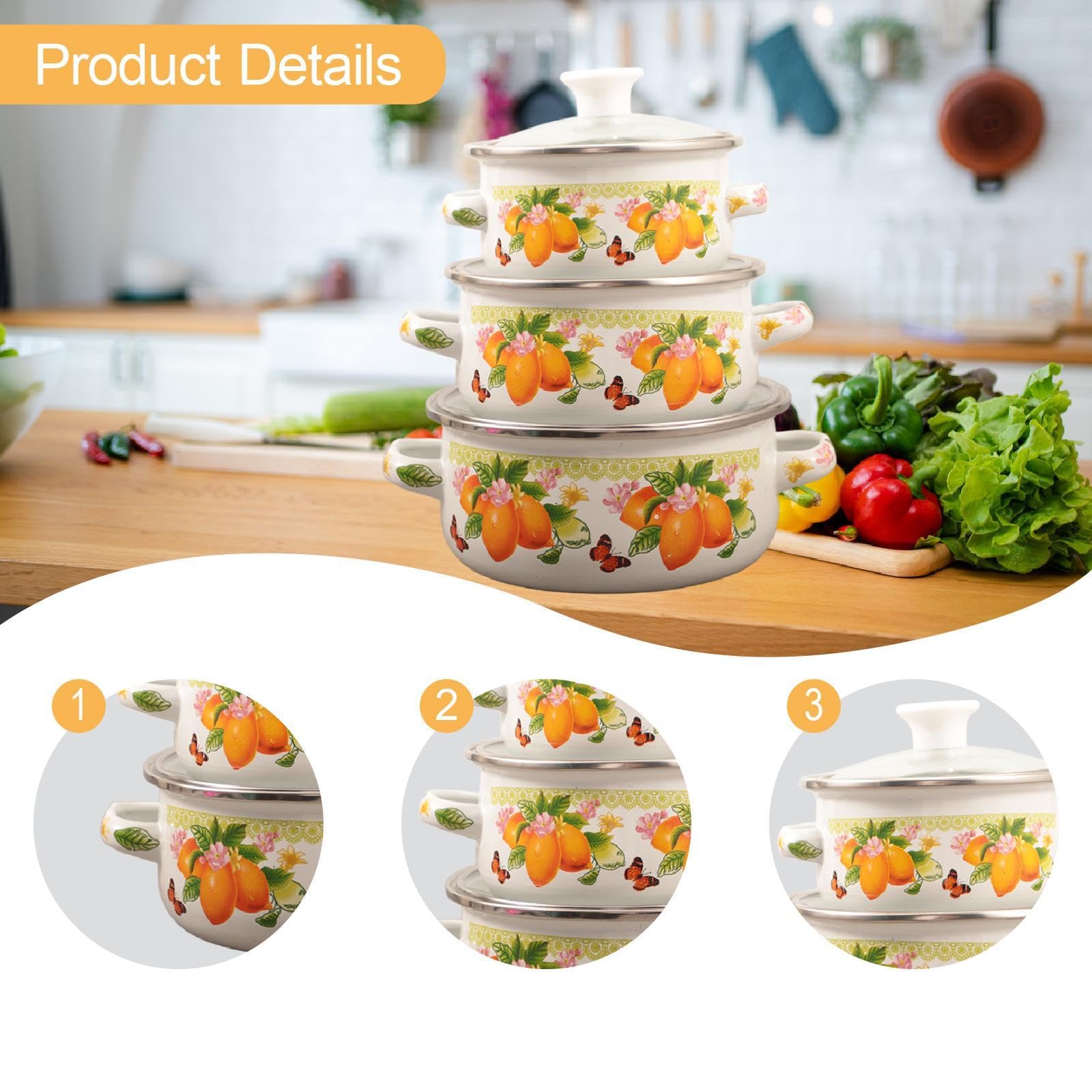 3 Pentole Smaltate con Coperchio, Pentole per Zuppa a Doppio Manico, Smaltate per Ristoranti, Sale Da Pranzo E Cucine, Limone