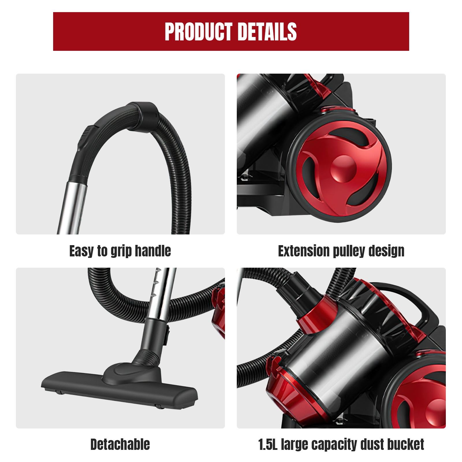 Aspirador sin bolsa, 1,5 L, aspirador escoba, 4,5 m, cable de alimentación (A) | 2000 W de filtración de alto rendimiento, silencioso, para alfombras, alfombras y suelos duros, coche, laminado y baldosas