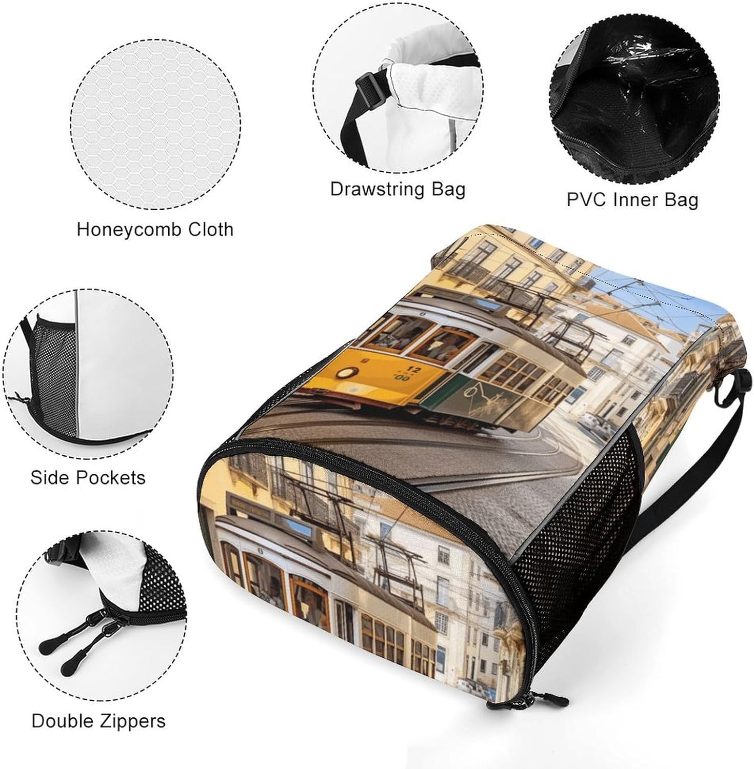 Swimming Gym Bag,Lisbon Tram Printed Beach Bag,sport Drawstring Backpack Suitable for Women And Men.