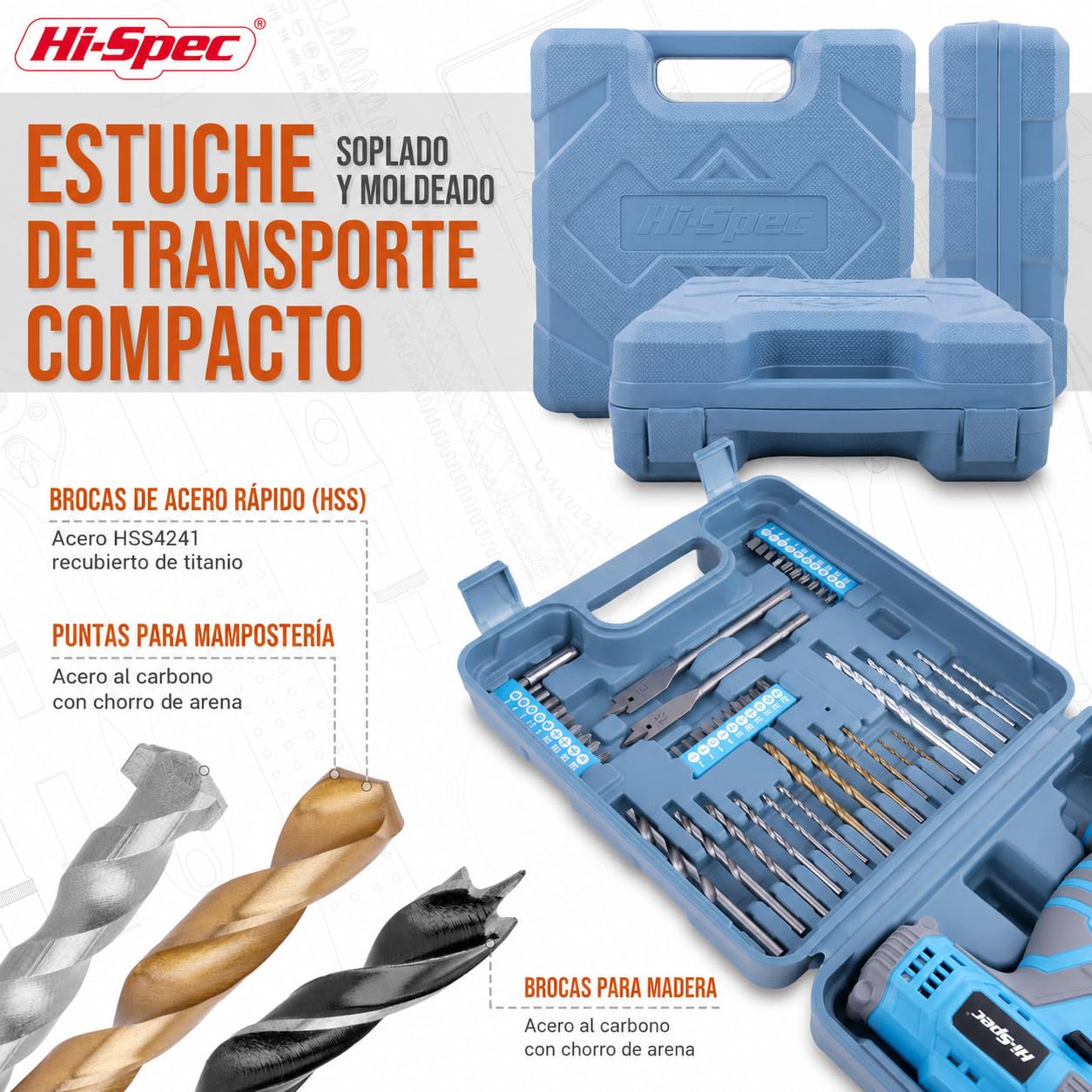 Hi-Spec Taladro Atornillador Destornillador Inalámbrico Azul de 12V Batería de 1300mAh hasta 20Nm, Velocidad Variable y Luz Led. con Maletín Estuche de 46 Puntas Brocas y Accesorios de Bricolaje.