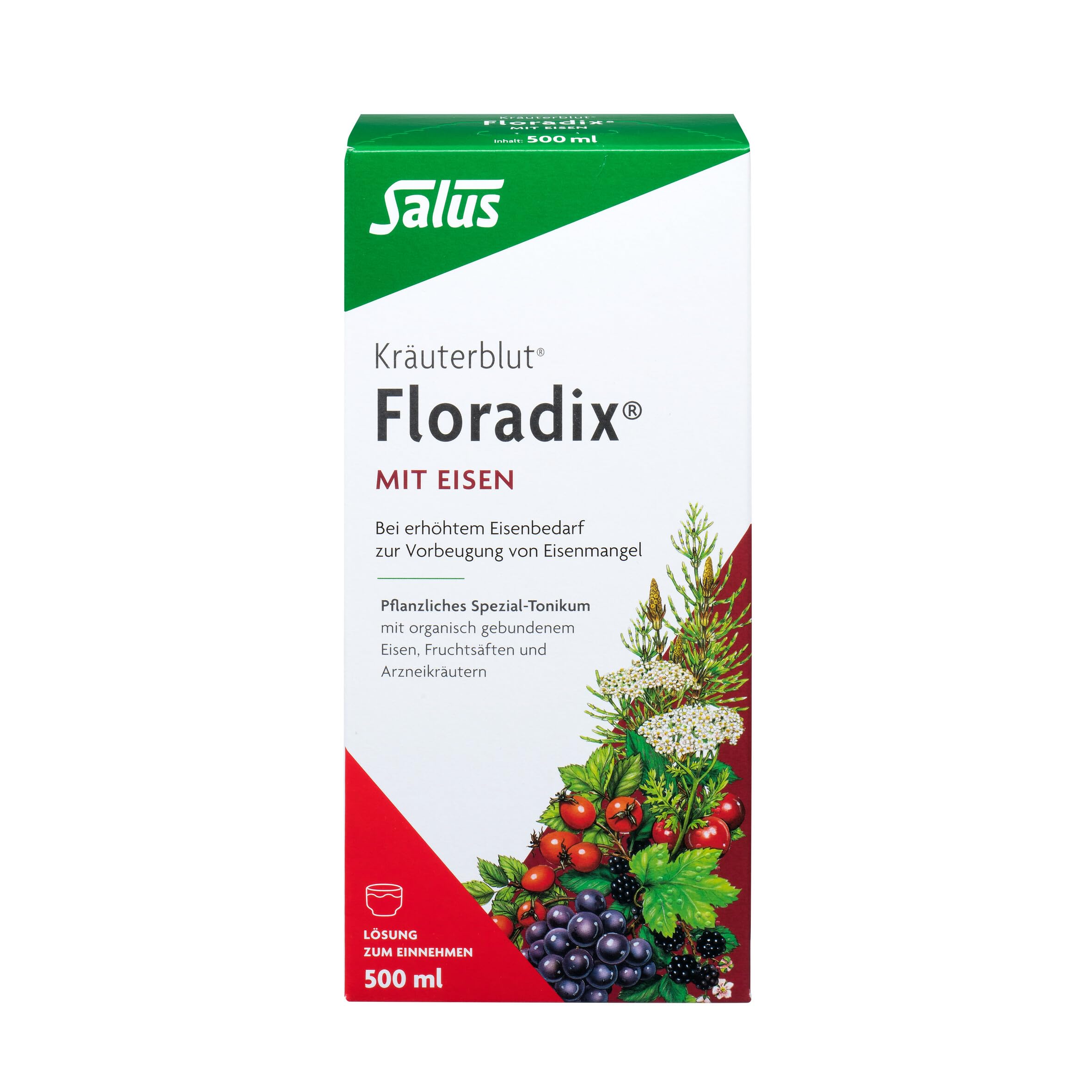 Salus Kräuterblut Floradix mit Eisen – Bei erhöhtem Eisenbedarf zur Vorbeugung von Eisenmangel – mit Eisen(II)-gluconat – freiverkäufliches Arzneimittel, 500 ml – rot