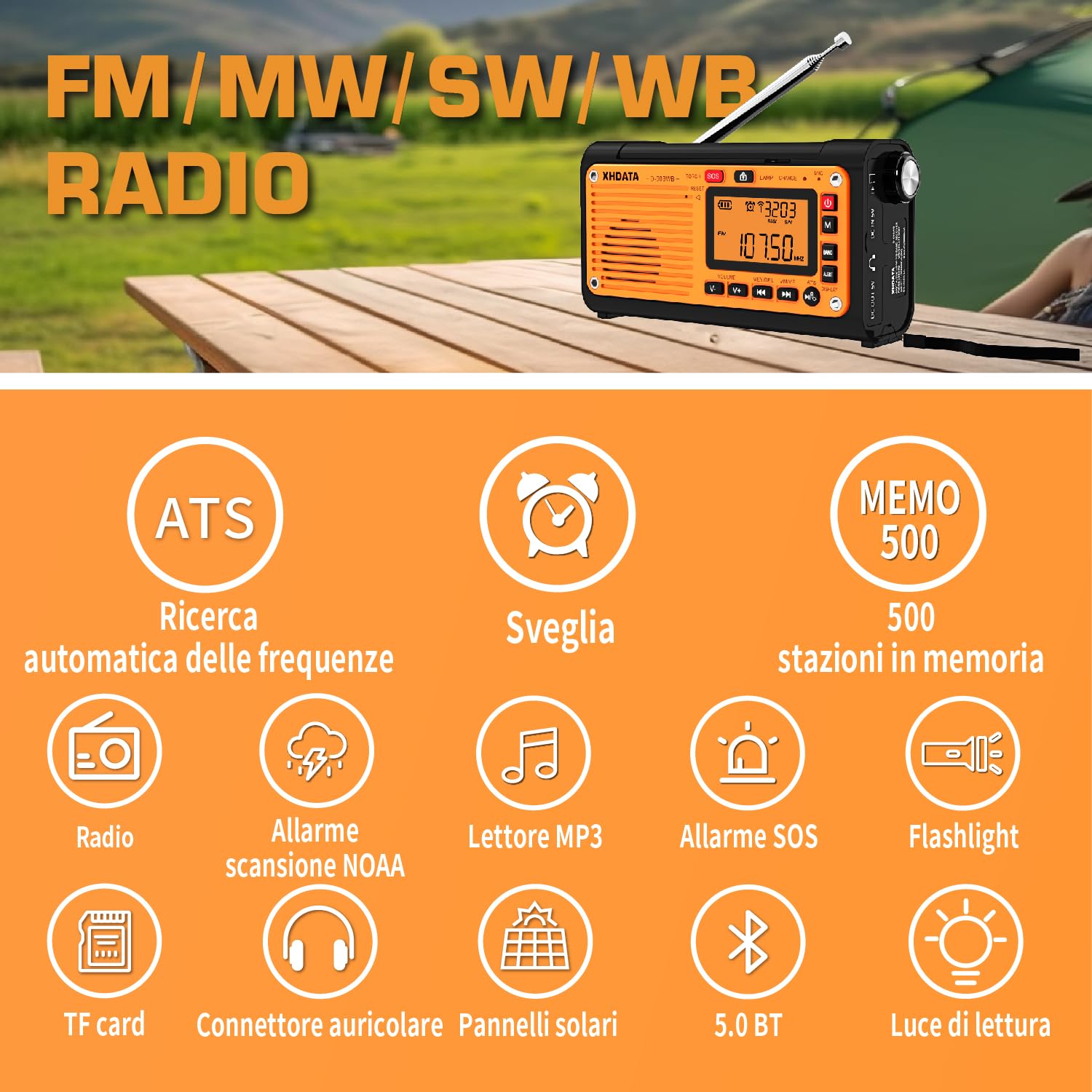 XHDATA D-608WB Radio FM/Am/SW a Onde Corte, Manovella Solare, Batteria Ricaricabile di Emergenza, Radio Sveglia SOS, Lettore MP3 Bluetooth, Torcia Elettrica, Lampada da Lettura per il Campeggio