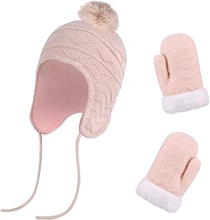 QKURT Baby Girl’s Beanie Cap Mittens Set, Chirldren Winter Thermal Mitten Caps Set with Earflaps Kids Hats Kids Gloves Fit for Age of 1~3 Years Old Girls Baby Pink