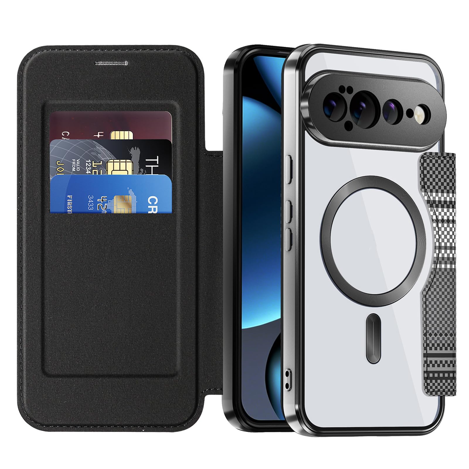 Custodia Per Google Pixel 11 Pro XL/ 11 Pro/ 11, Flip Portafoglio Cover | Magnetica Fibra di Carbonio Modello Protezione Completa Trasparente Caso,Marrone,11