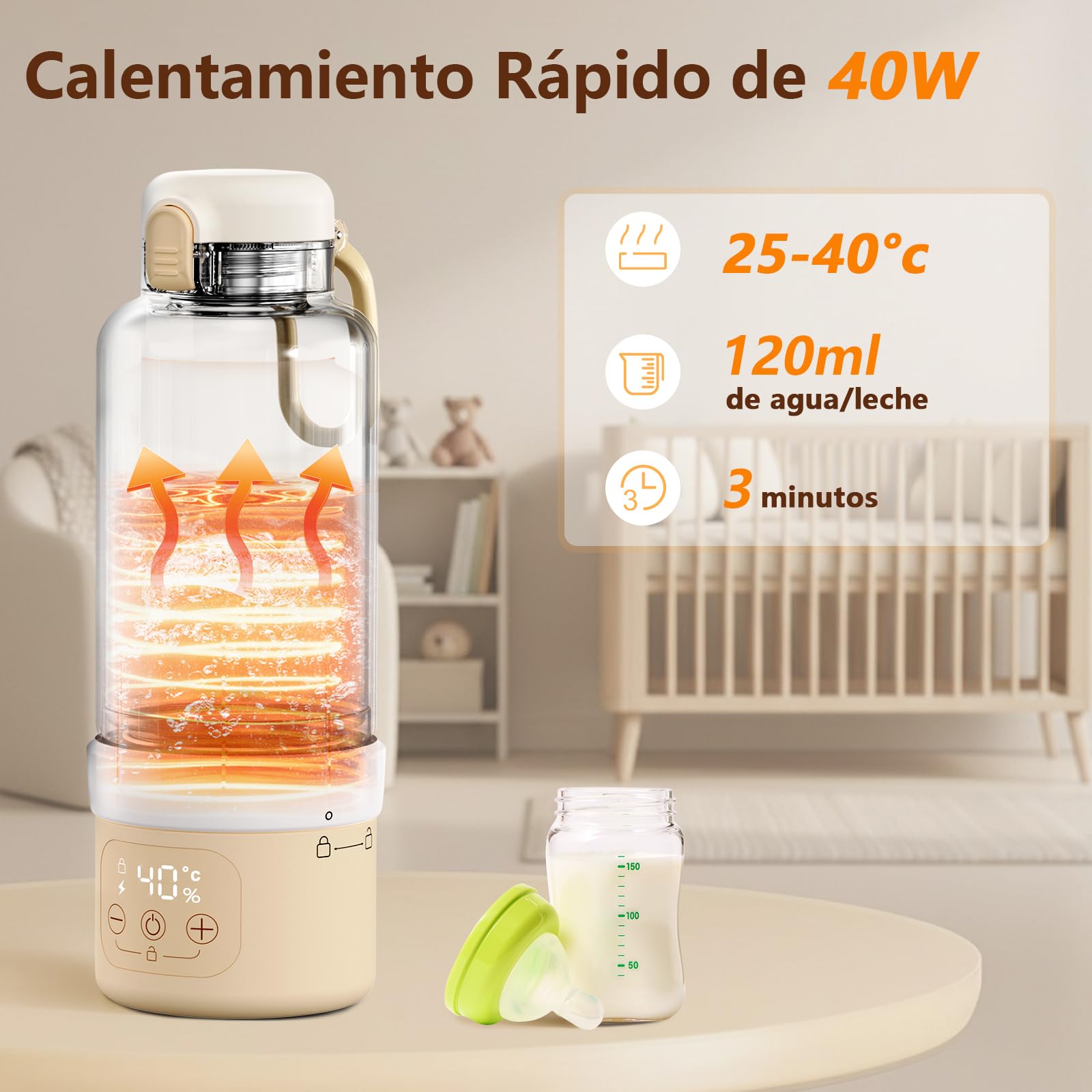 Calienta Biberones Portátil para Viaje, Gran Capacidad de 500 ml Calentador Biberones Portátil para Leche Materna y Agua, Calentamiento Rápido, Batería de Larga Duración