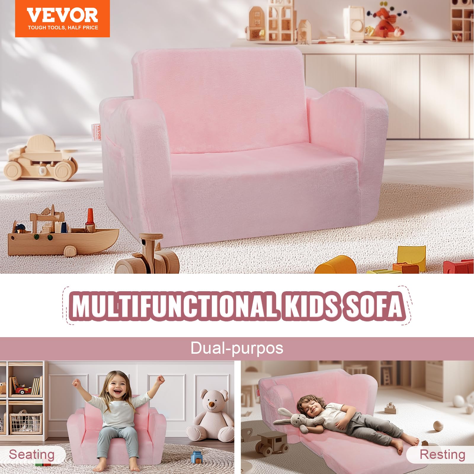 VEVOR Divano per bambini, 2 in 1, comodo divano letto pieghevole, convertibile da divano a lettino, sedia per bambini, mobili per la stanza dei giochi, per bambini e ragazze, rosa