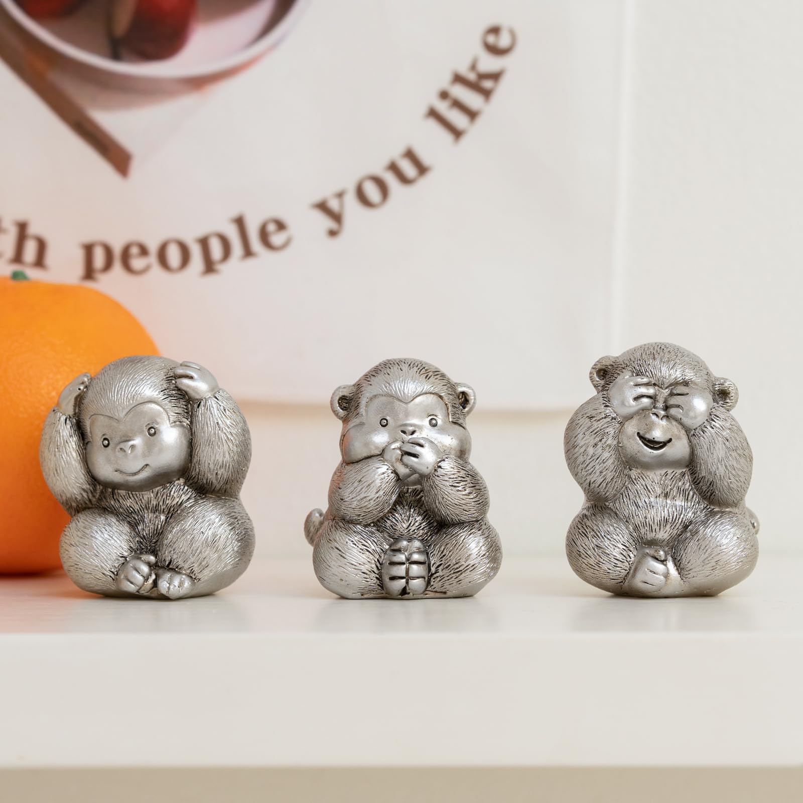 TOHLUCS 3 statue di scimmie sagge. Non vedere, sentire o parlare il male. Porta buona fortuna e saggezza. Scultura scimmia in argento per decorare la casa. Ornamenti decorativi.