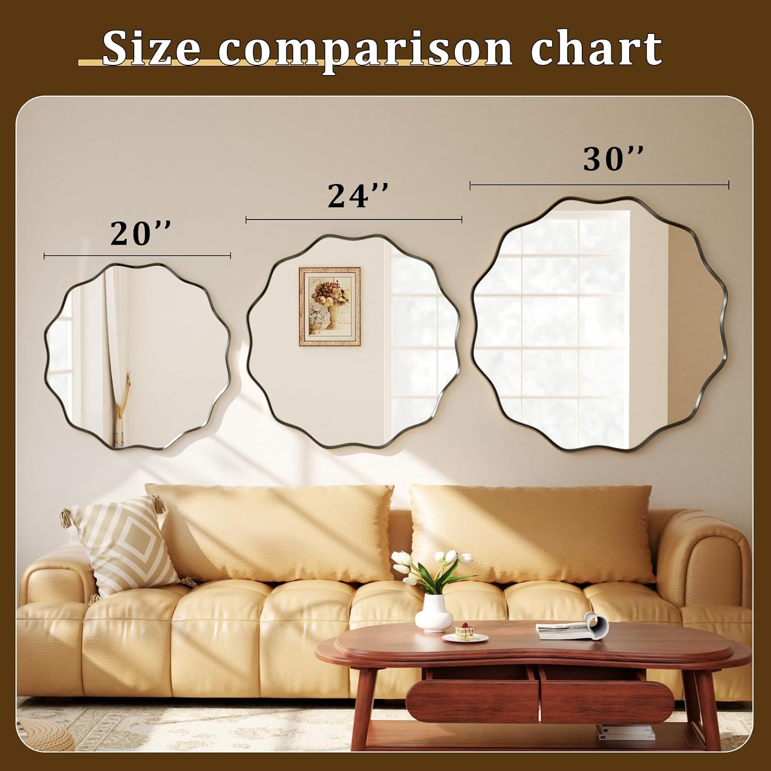 30 Inch Scalloped Round Wall Mirror, Black Wavy Edge Frame Circle Mirror for Bathroom, Bedroom, Entryway, Living Room for Wall Decor