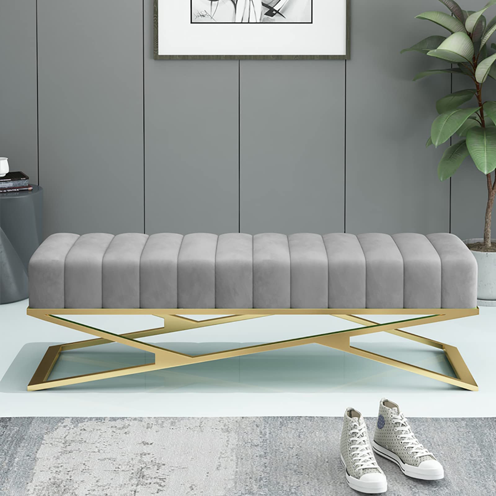 LUUYYI Panca portaoggetti moderna in velluto ottomano di lusso per ingresso e camera da letto, con base in metallo a forma di X, mobili decorativi per soggiorno e alone (grigio, 80 x