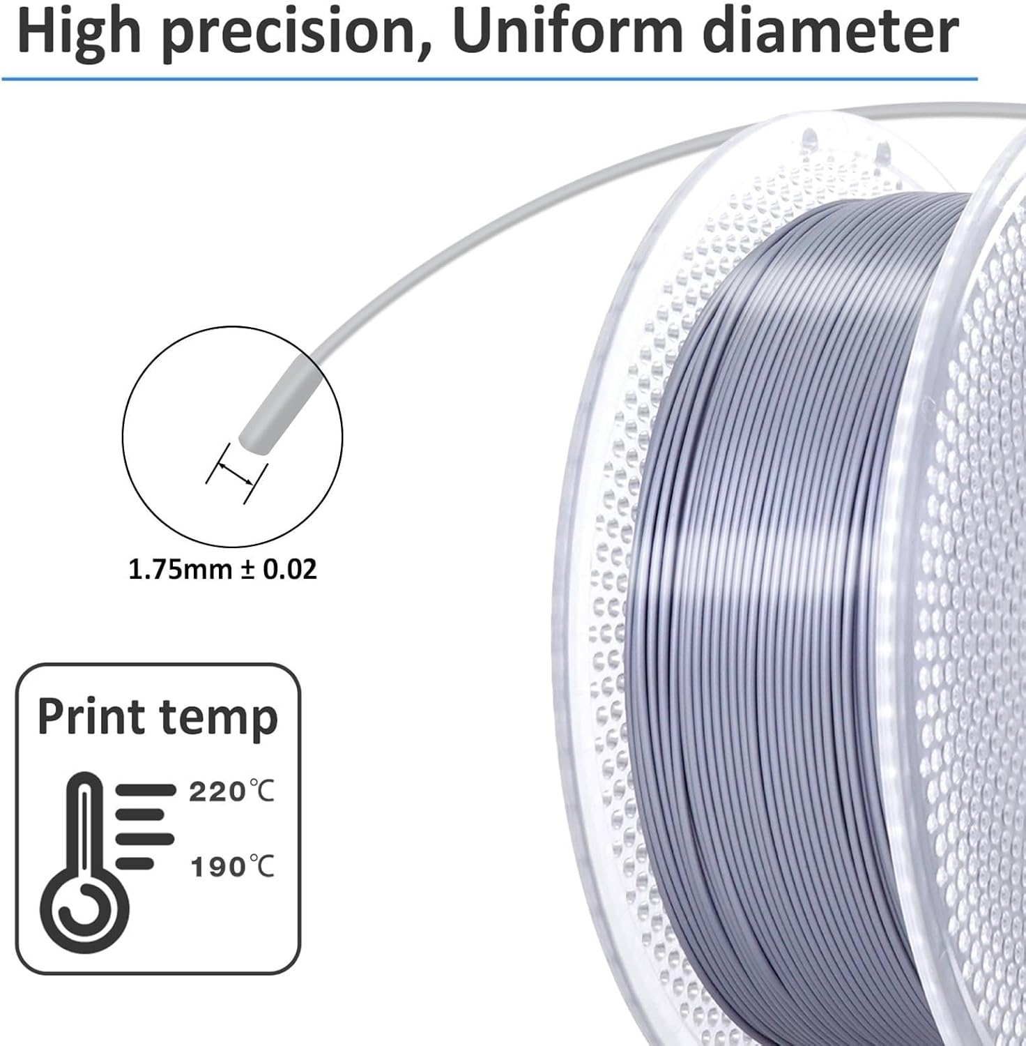 Compatible for Bambu Lab, Compatible for Anycubic Silver Silk-Style PLA Filament 1.75mm (1KG/Spool)