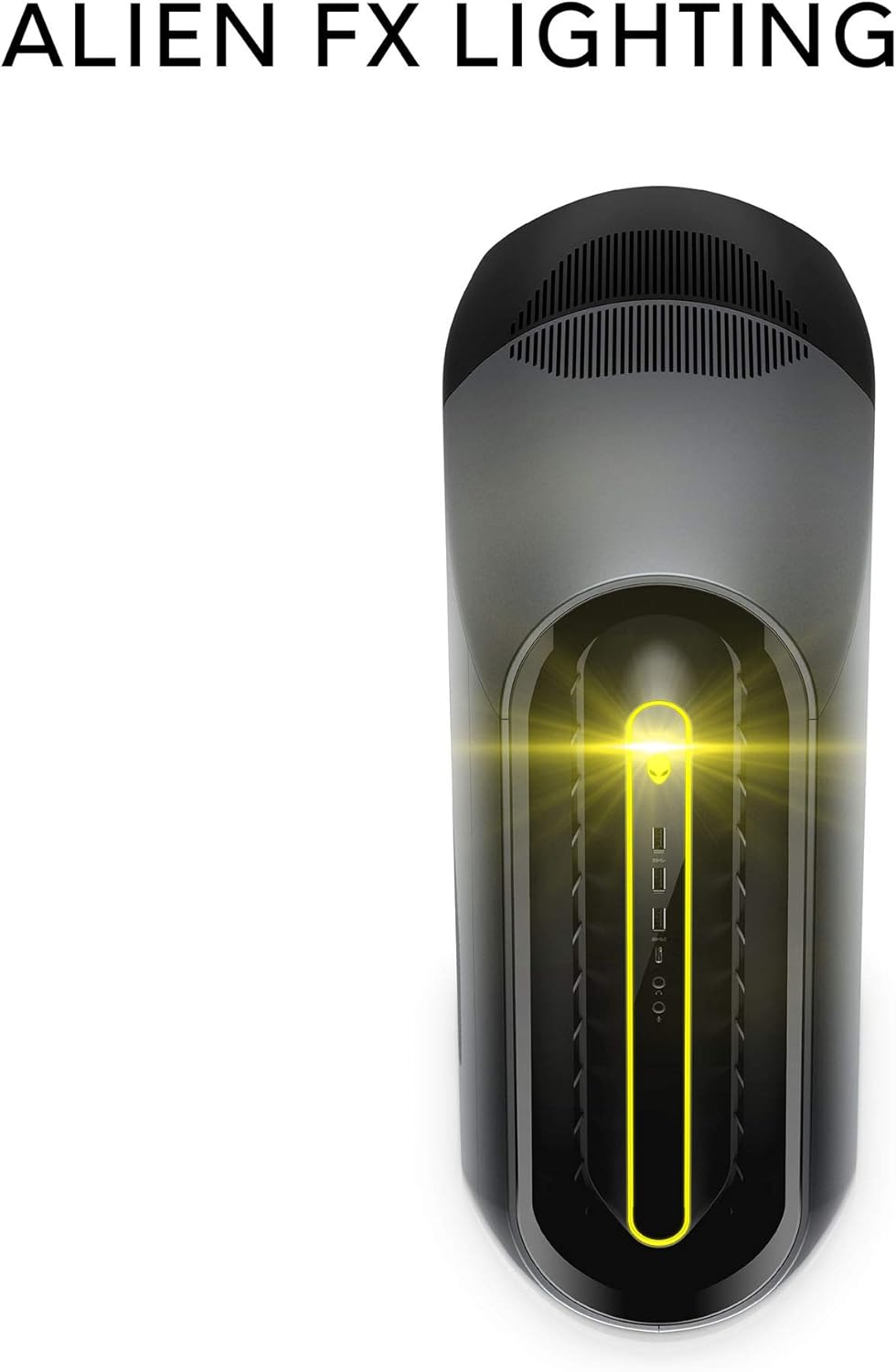 Alienware Aurora R10 Gaming Desktop highlighting customizable AlienFX lighting on the front panel.