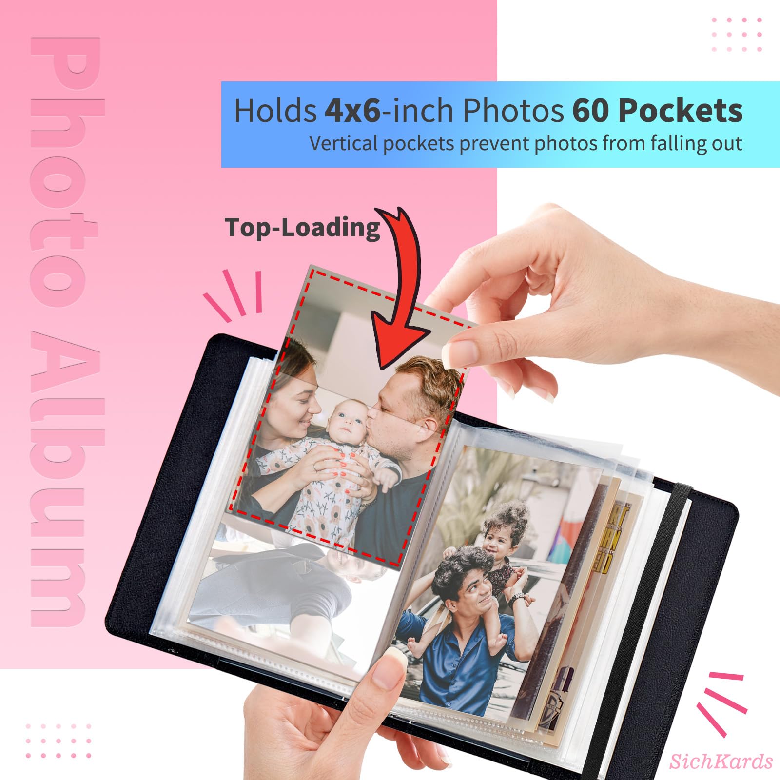 Álbum de fotos de 4 x 6 a 120 pulgadas, cubierta de piel sintética con banda elástica, páginas de polipropileno impermeables de alta definición para familia, boda, aniversario, registro de bebé, vaca