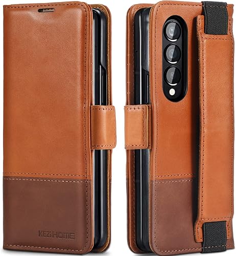 KEZiHOME Funda tipo cartera de piel auténtica para Galaxy Z Fold 4 5G con tarjetero y función atril, bloqueo RFID, color caquimarrón