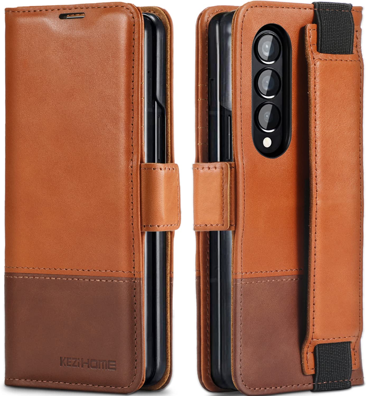 KEZiHOME Genuine Leather Wallet Case for Galaxy Z Fold 4 5G with Card Holder & Kickstand - RFID Blocking - Khaki/Brown