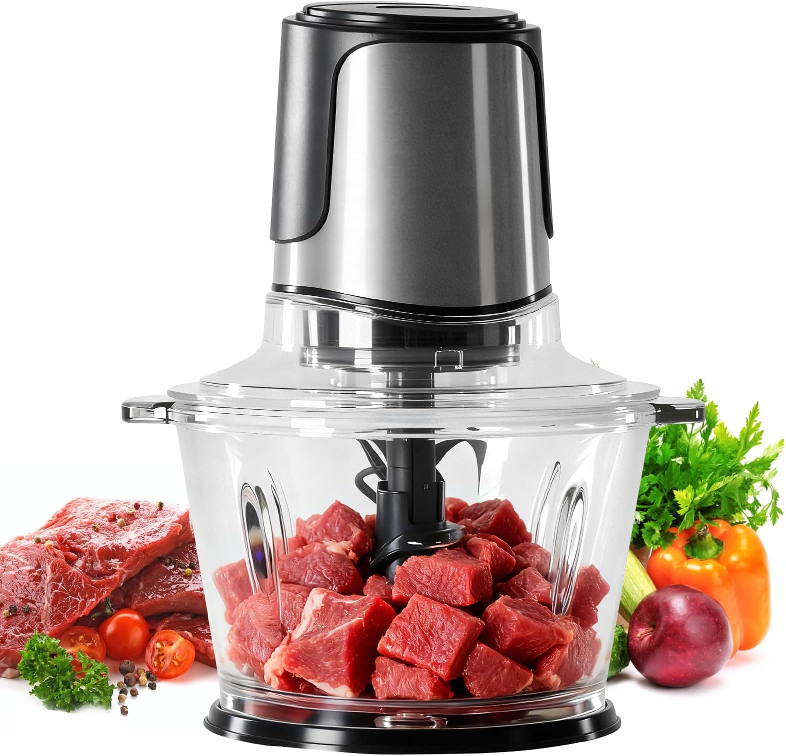 NEWBULIG Electric Food Processor Vegetable Chopper, 450W Meat Grinder with 2 Bowels for Home Use, Food Chopper with Double S-Blades for Vegetable, Garlic, Meat