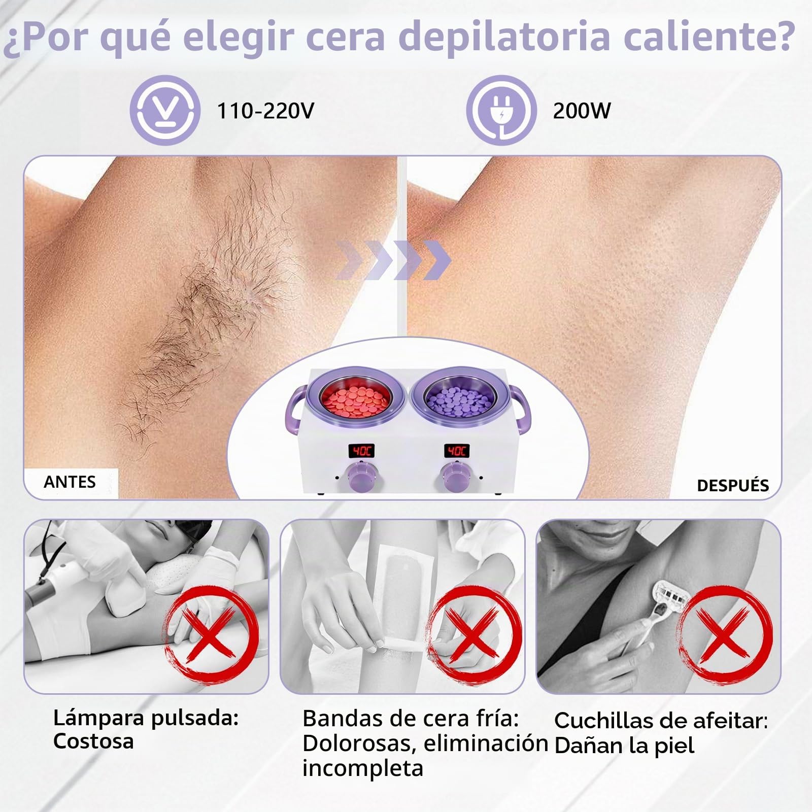 Calentador de cera dual con pantalla electrónica, 2 botes de cera doble de 500 ml, calentador de cera de 220 W para depilación con temperatura ajustable, ideal para el hogar, peluquería, uso en