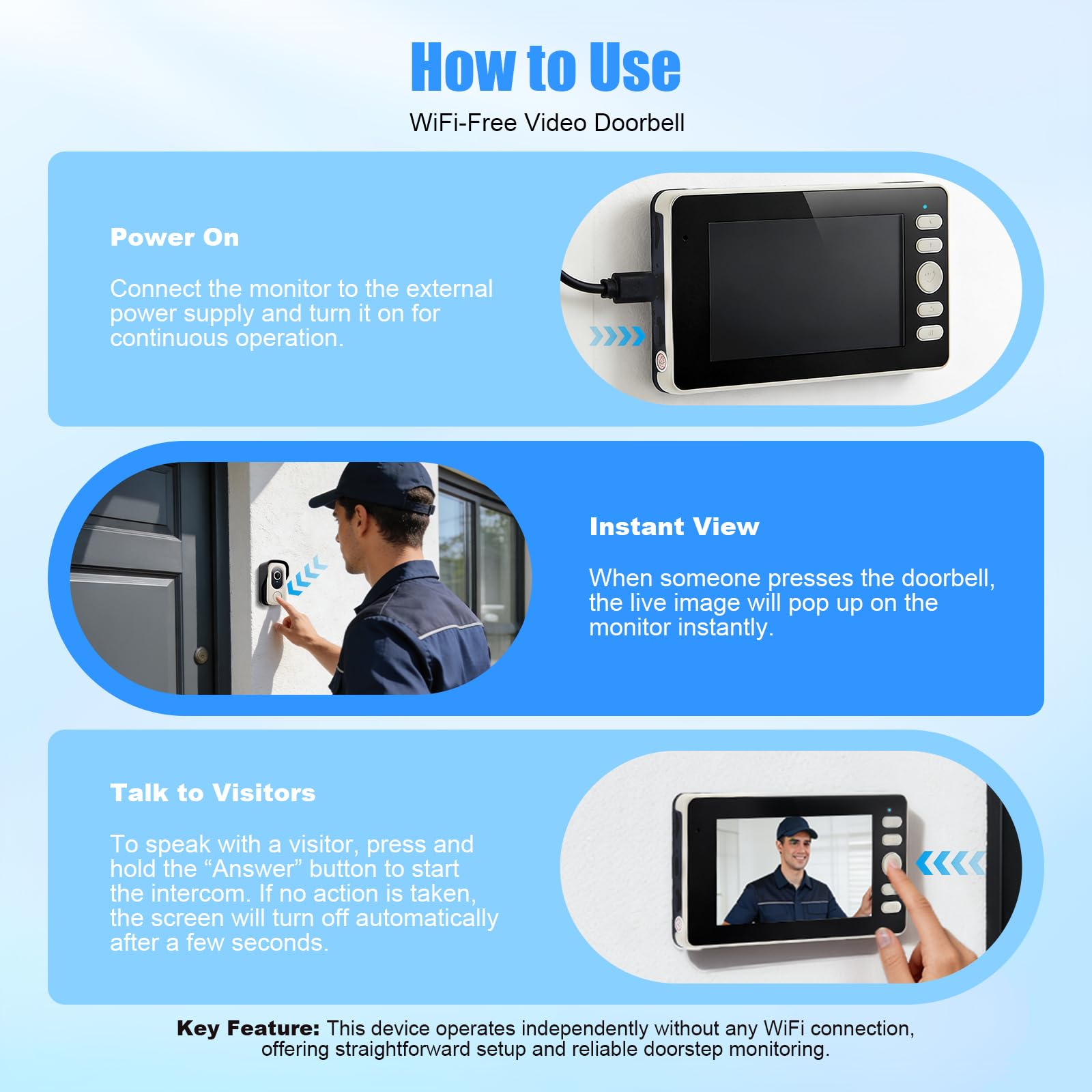 Timbre de puerta con cámara y monitor, timbre de vídeo con función de diálogo y función de visión nocturna, IP65 resistente al agua, pantalla de 4,3 pulgadas, timbre inalámbrico con cámara
