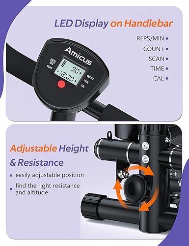 Miniatura 5 de Amicus Mini Stepper for Exercise, Adjustable Pedal Height Hydraulic Stair Stepper with Resistance Bands for Home with Digital Monitor, 330lbs Weight