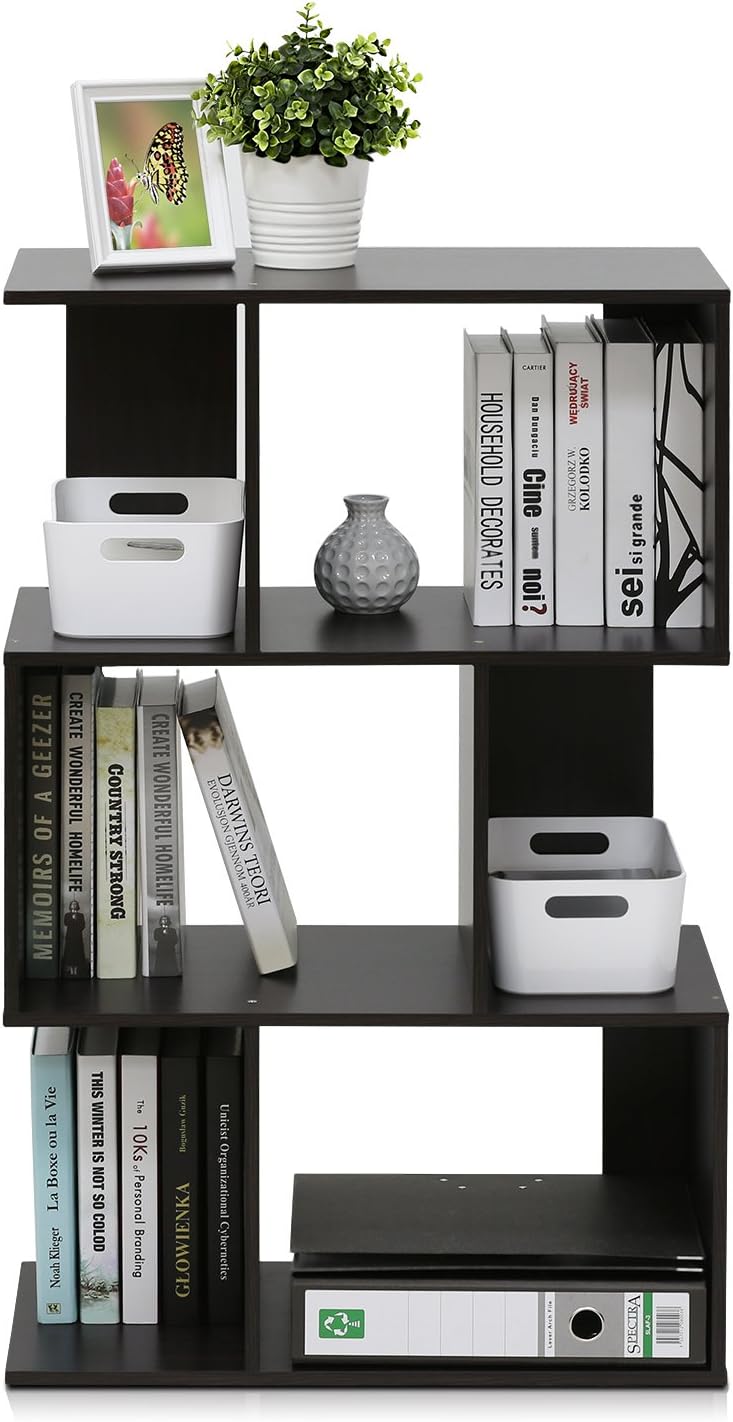 Furinno SIMPLY Book Shelf, 3-Tier Geometric Bookshelf, S-Shape Bookcase with Open Shelf, 11.8" x 23.6" x 37.3", for Organization and Storage, for Living Reoom, Bedroom, Home Office, Espresso