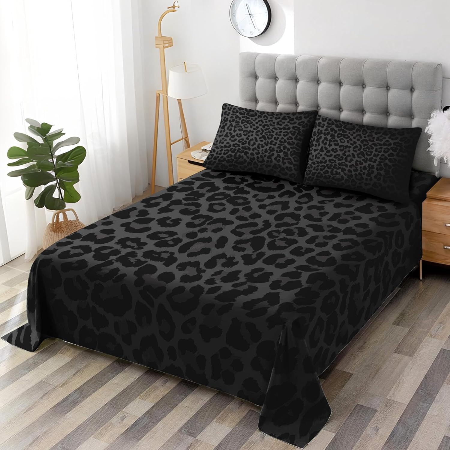 WeCozy 4 Pcs Queen Size Bed Sheet Sets with 2 Pillowcases, Leopard Cheetah Animal Soft Microfiber Bedding for Kids and Adults, Grey Black Flat, Fitted Sheet for Bedroom Bed Decor