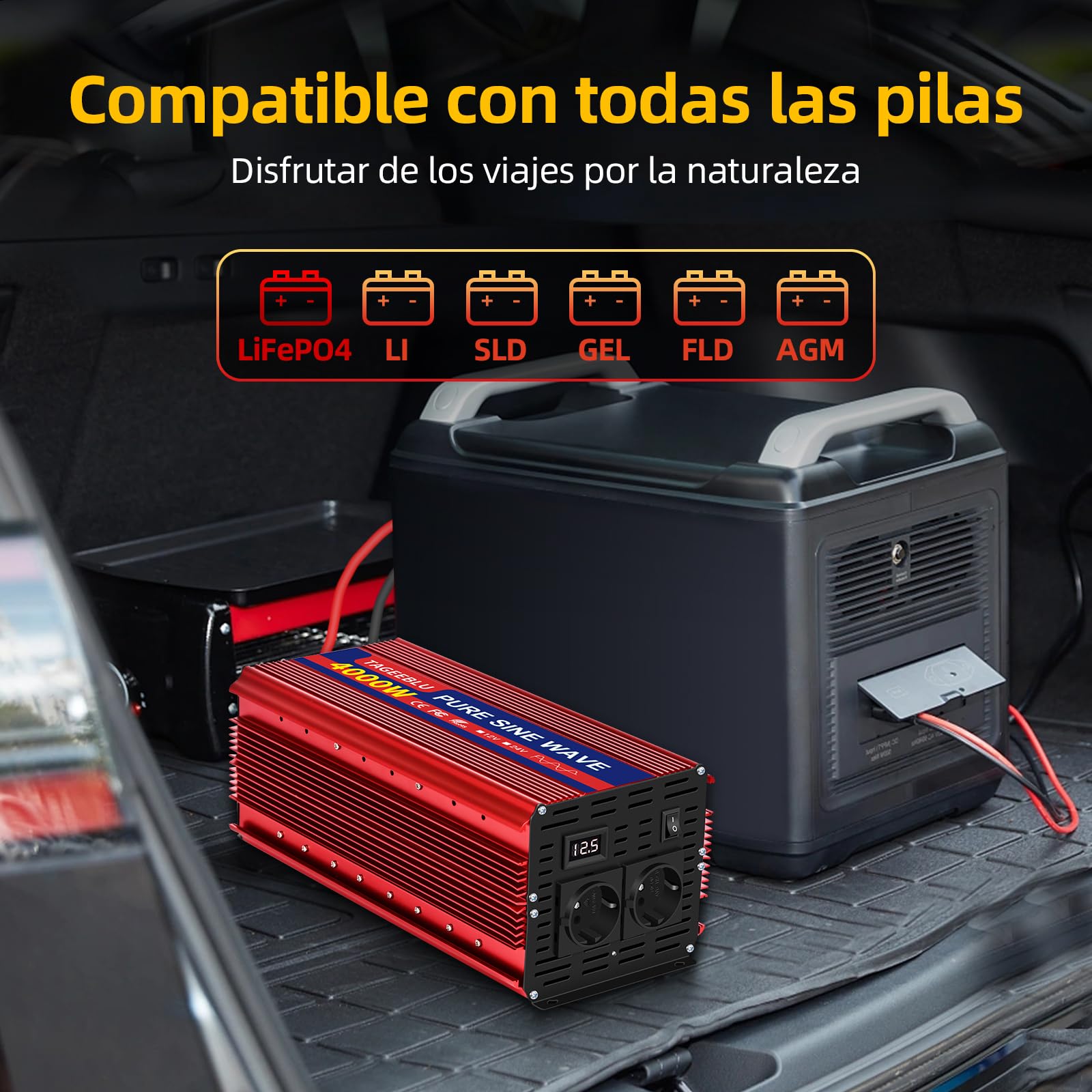 4000W inversor 12v 220v Onda Pura, convertidor 12v 220v con 2 AC Tomas, Pantalla LCD