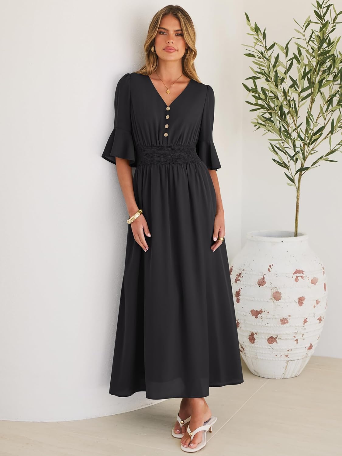 ANRABESS Womens Maxi Dress 2026 Summer Boho Ruffle Sleeve V Neck A Line Elastic Waist Flowy Wedding Guest Party Long Dresses - Image 5