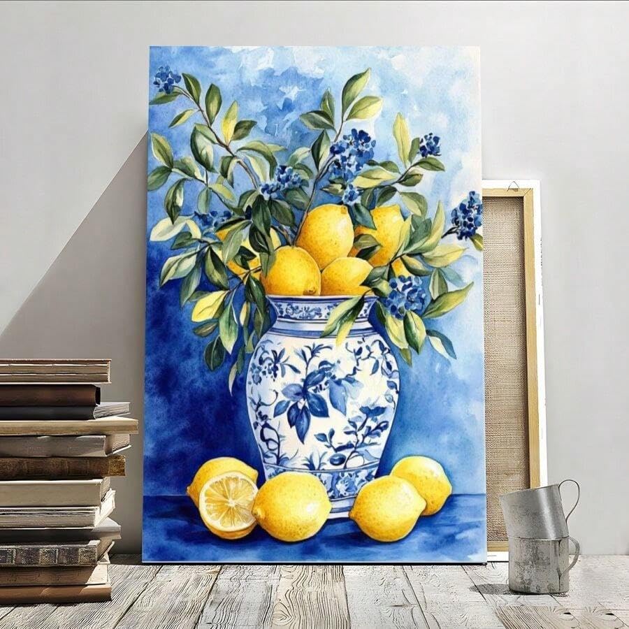 Aquarelle nature morte au citron et vase en porcelaine bleu et blanc toile murale retro 80x120cm