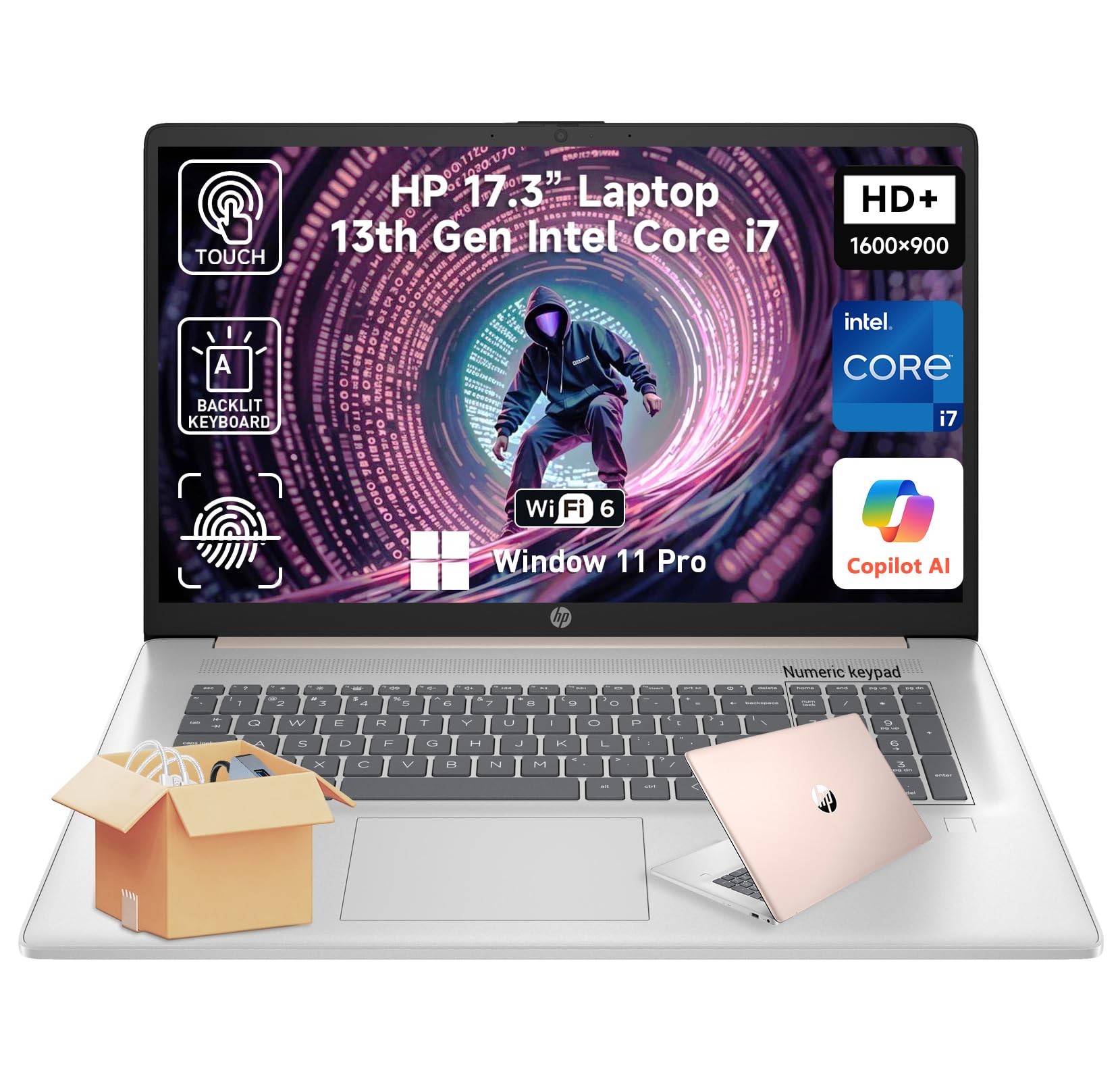 HP 17 Inch Laptop Touchscreen Computer, 17.3 HD+ Touch Screen Business Laptop PC, Intel Core i7 (10-Cores), Windows 11 Pro Copilot AI, 32GB RAM 1TB SSD, Backlit Keyboard 10-Key, Wi-Fi 6, Rose Gold
