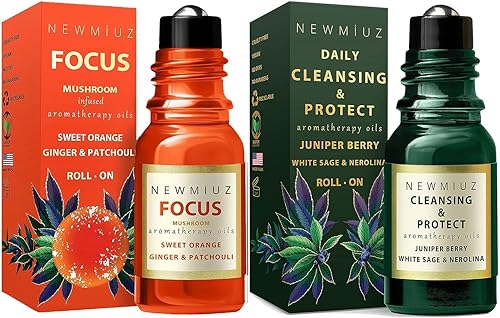 Mezcla de aceites esenciales roll-on Focus Memory Concentration Orange Ginger Pachuli y limpieza y protege enebro Berry White Sage con Nerolina,