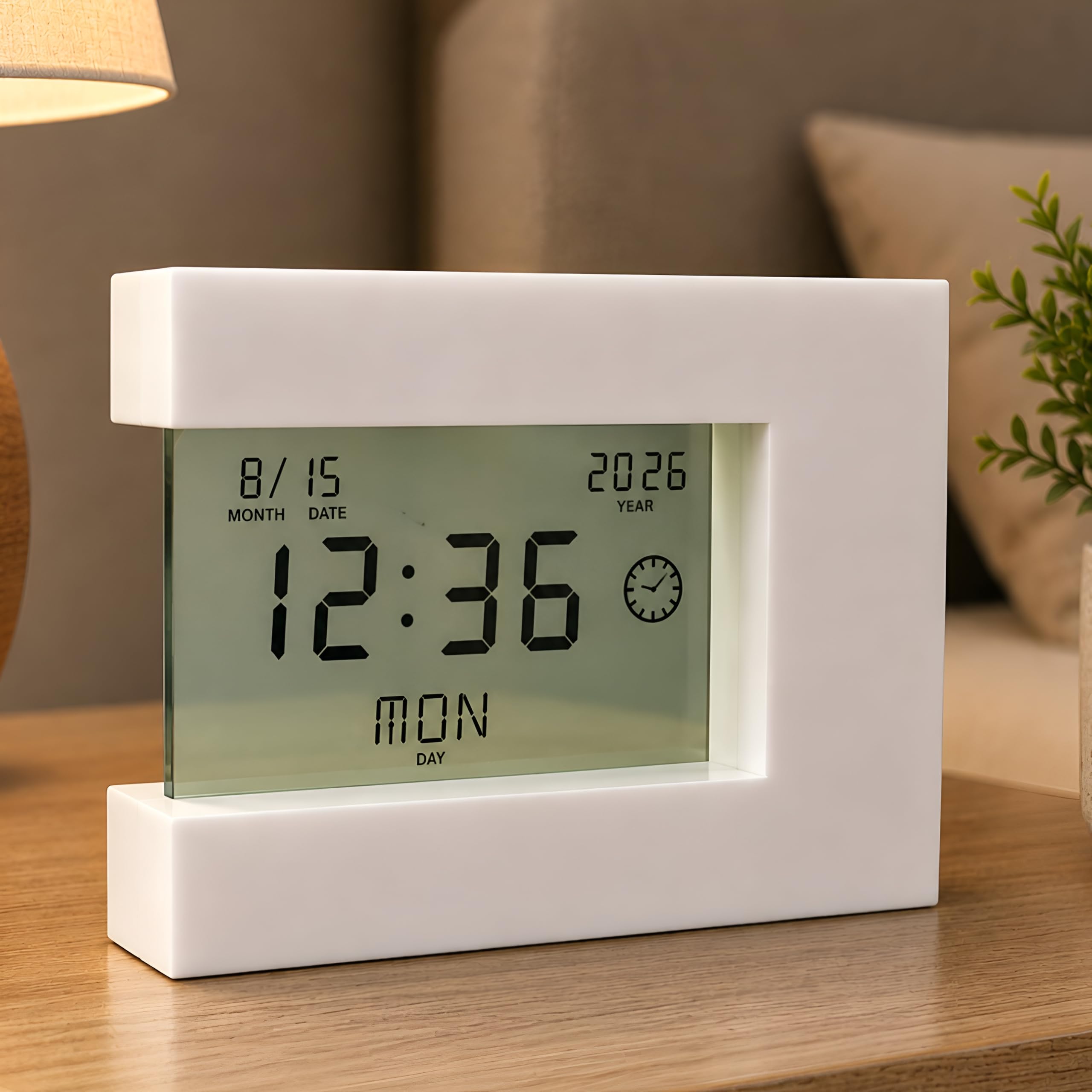 PulGos Digital Alarm Clock with Large LCD Display & Calendar | White | Large LCD display shows time, day, date, month and year clearly for quick viewing at home, office or study-image-41