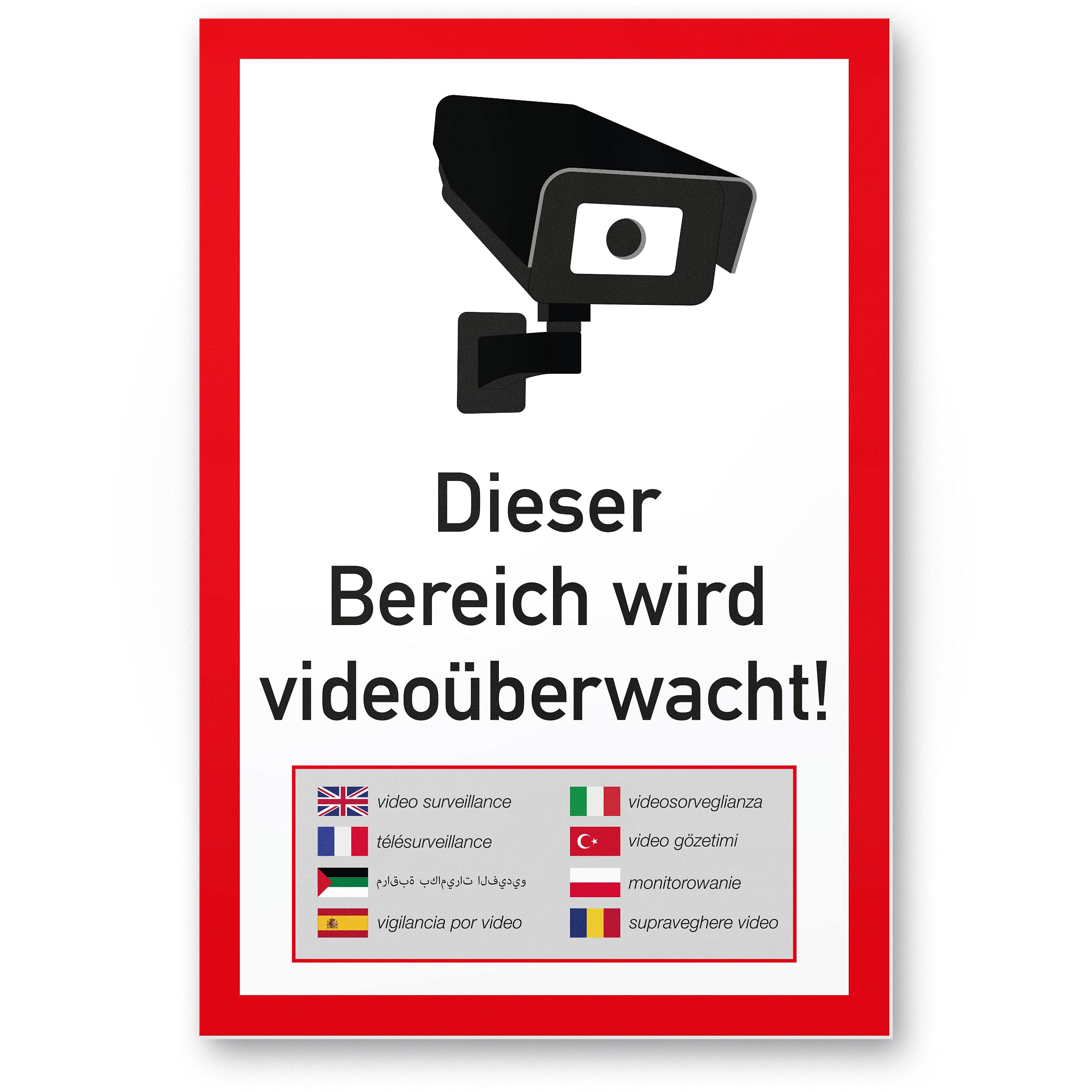 Cartello Videosorveglianza Multilingue Bianco/Rosso Con Simbolo Telecamera - Dissuasore Per Esterno/Interno