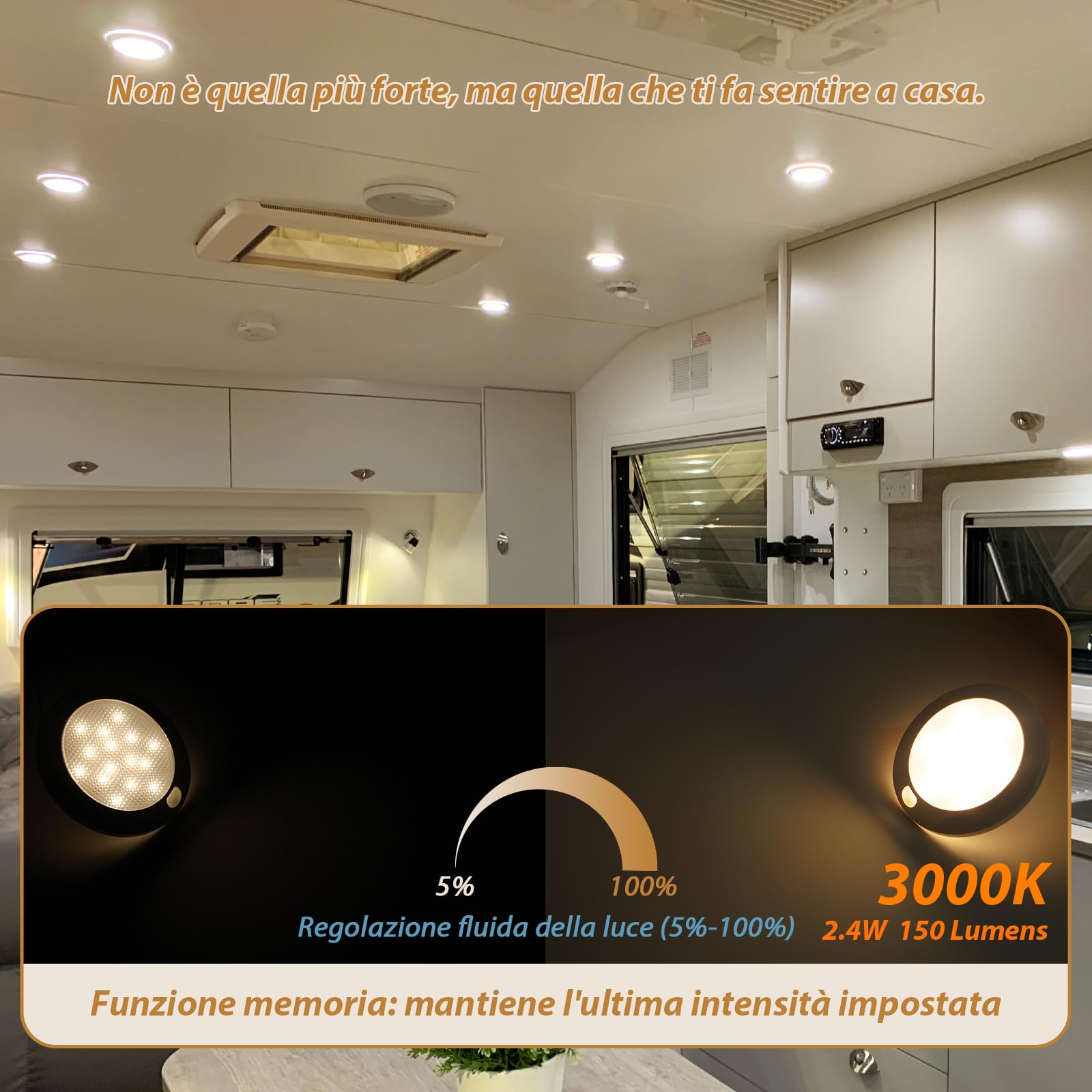 Dream Lighting Luce LED 12v Camper Plafoniera Soffitto Moderna Dimmerabile IP44 76MM 2,4W 3000K Bianco Caldo per Caravan Barca 4 Confezioni