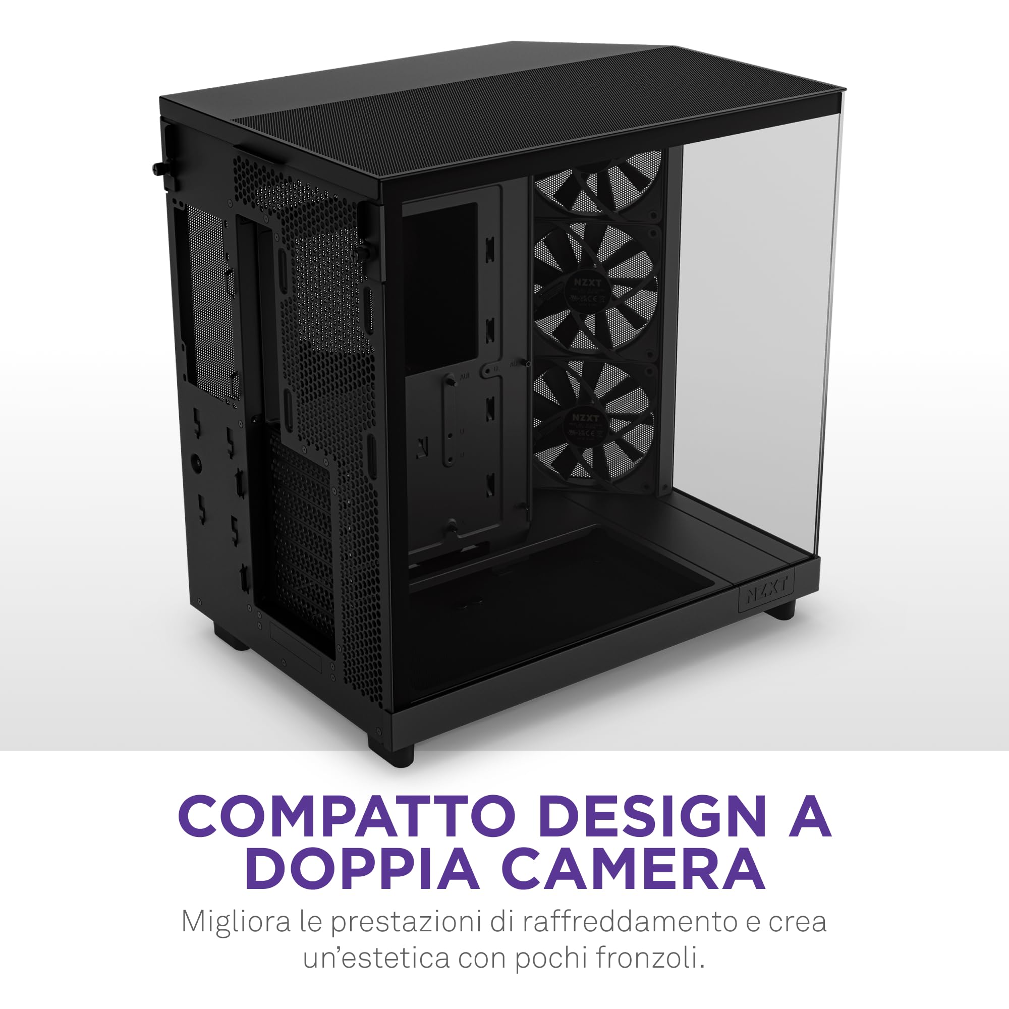 NZXT H6 Flow, CC-H61FB-01, Case Mid-Tower Compatto a Doppia Camera con Flusso d'Aria, Pannelli in Vetro Panoramico, Flusso d'Aria ad Alte Prestazioni, Include 3 Ventole da 120 mm, Nero
