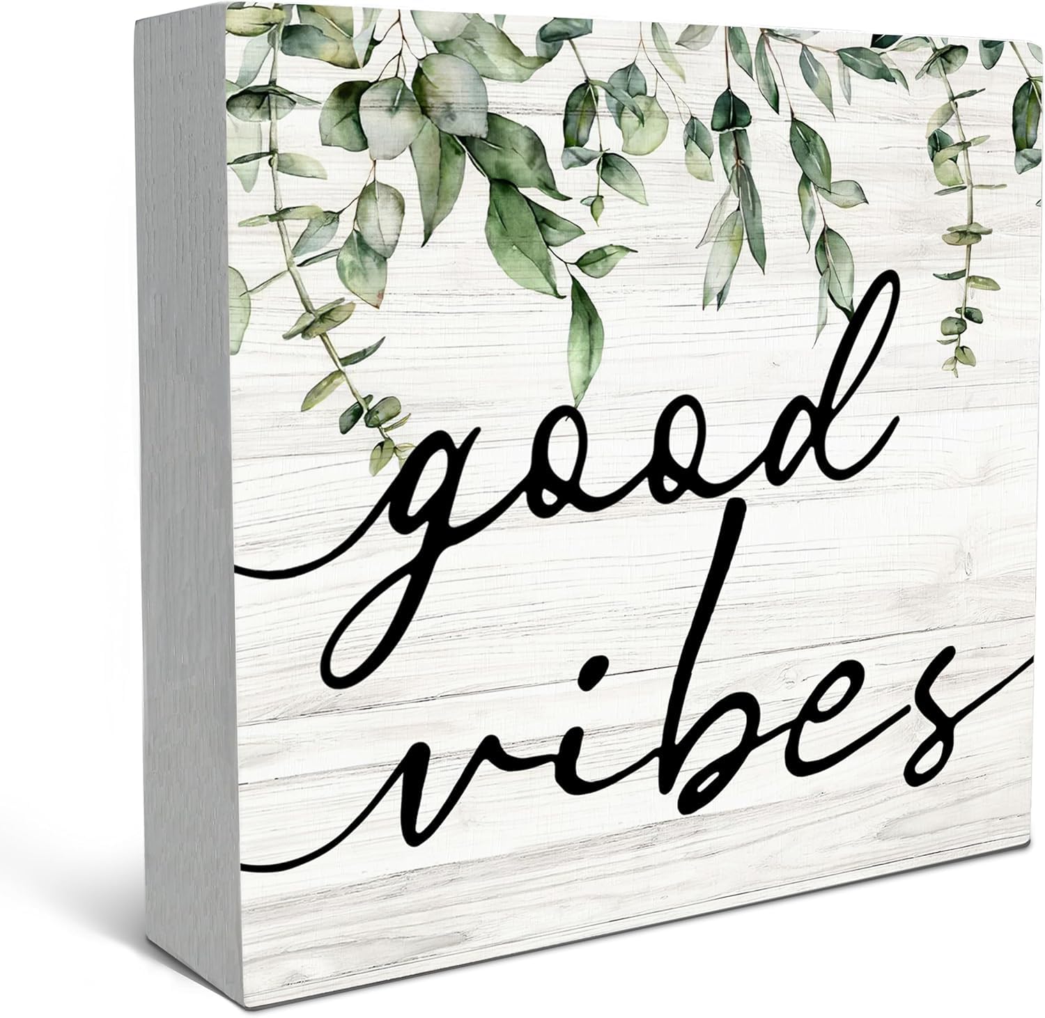 Good Vibes Box Sign 5x5 Inch Rustic Wood Tabletop Decor