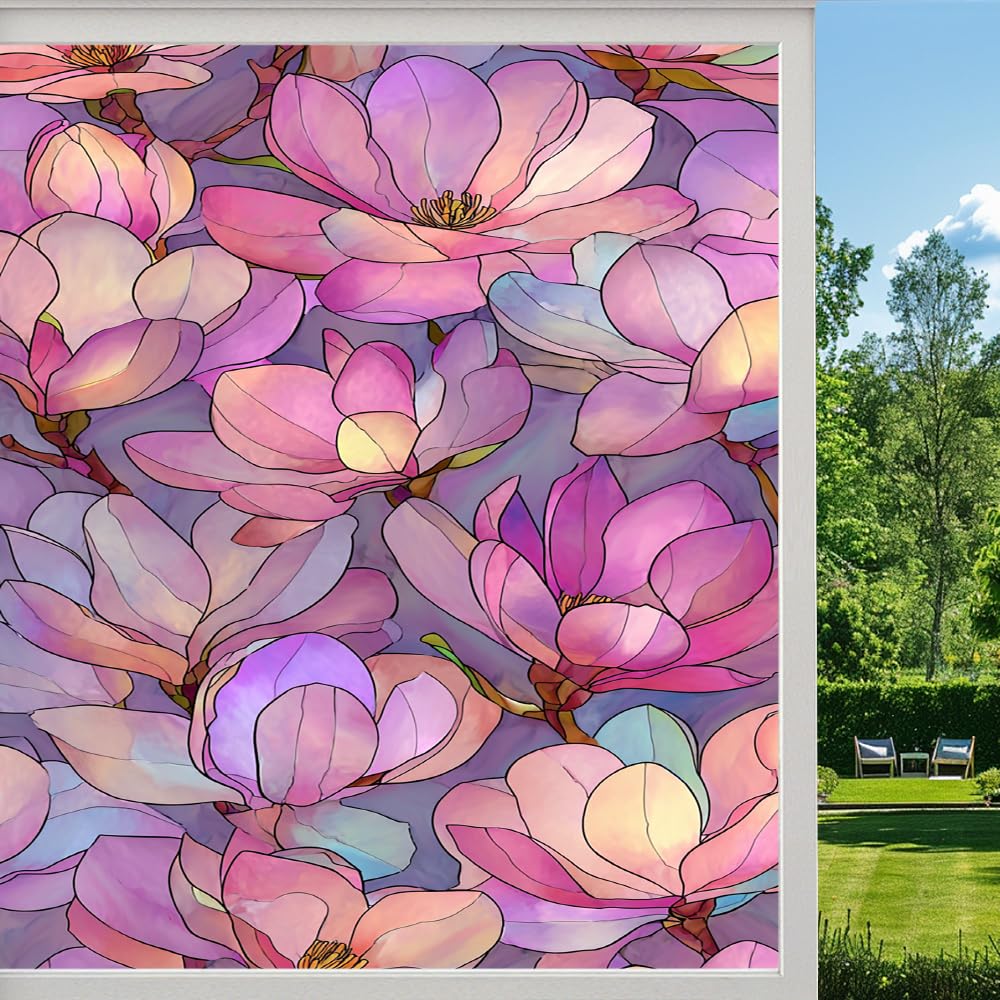 Pmlbaous Glam Style Flowers Privacy Window Film, Colorful Magnolia Floral Frosted Self-Adhesive Vinyl Cling For Glass Doors Bathroom Windows Sun Blocking Heat Control, （45X60cm）