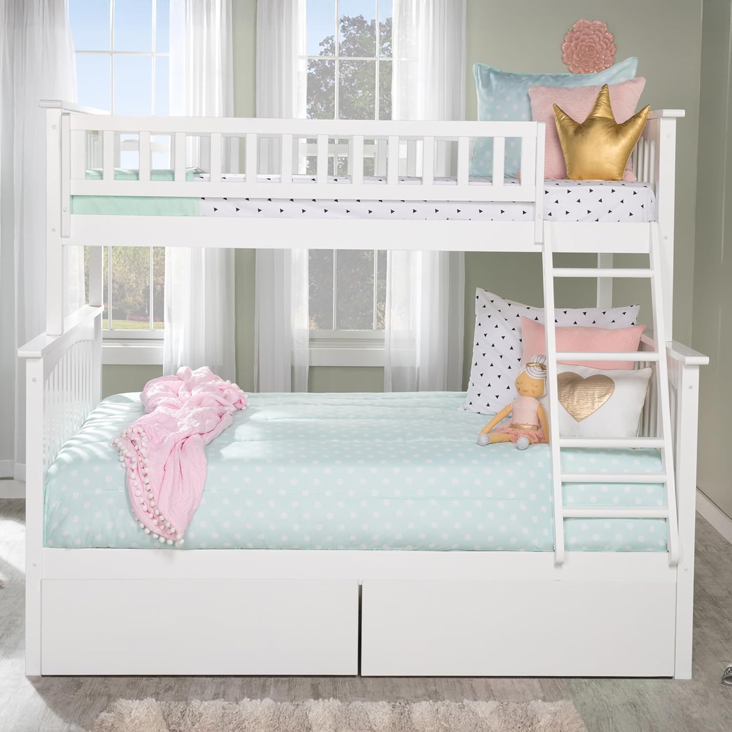 AFI Columbia Twin over Full Size Bunk Bed with Bed Drawers and Charging Station in White