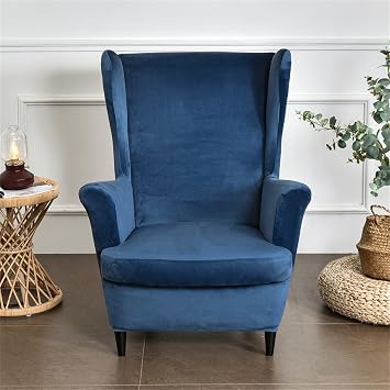 Wing Chair Slipcover 2 Piece Set - 2 IN 1 Design Removable Soft Velvet Wingback Chair Covers Armchair Stretch Covers Furniture Protector for Wingback Chairs Living Room Bedroom Hotel Navy Blue