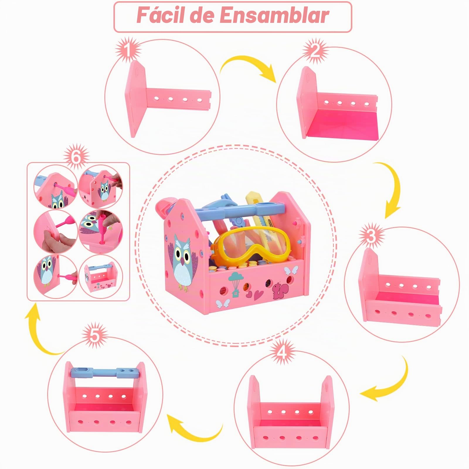 Gifts2U Juego de Herramientas de Juguete para Niñas,Accesorios de Construcción,Juguetes con Sombrero,Caja de Herramientas,Cinta Métrica,Martillo Regalo para Niños Niñas 3 4 5 6 Años