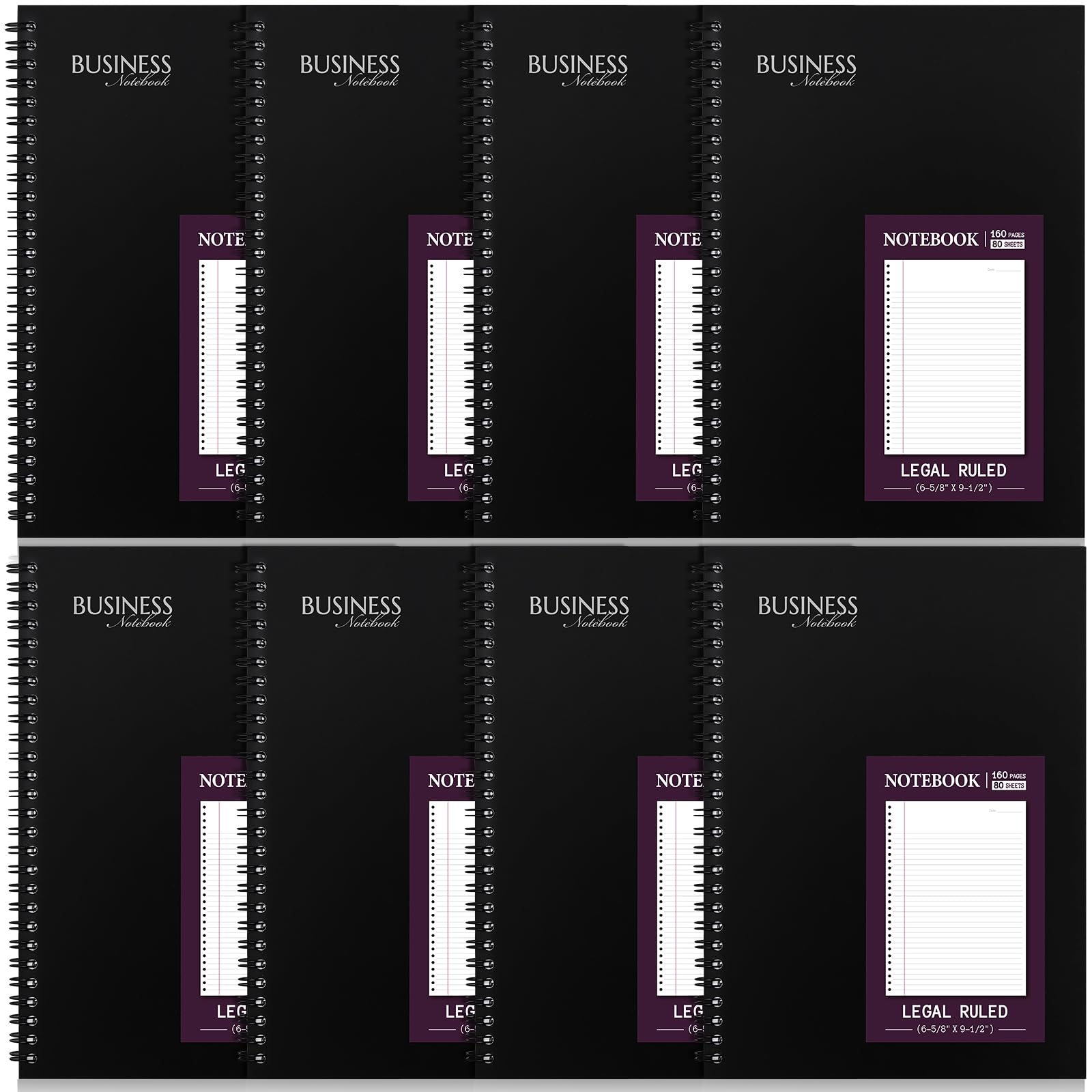 Resurhang Confezione da 8 quaderni a spirale legali a righe, 16,5 x 22,8 cm, 80 fogli per blocco, nero, per ufficio, agenda, lavoro, riunioni, uomini e donne