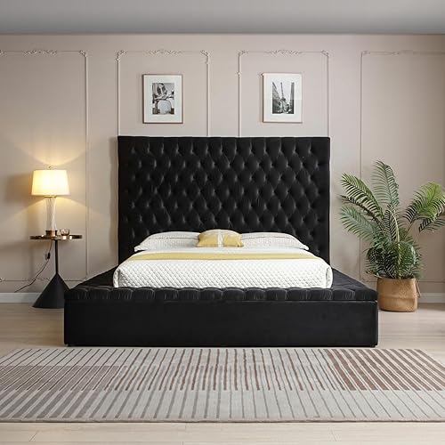 Woodpecker's Inc Cosmopolitan Velvet Tufted Upholstered Storage Platform with Headboard (Black, Queen)