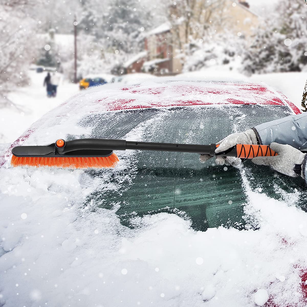 MATCEE Raspador de hielo y cepillo de nieve con poste extensible para parabrisas de coche y agarre de espuma desmontable 2 en 1 para quitar nieve para coche, SUV, camión, parabrisas auto