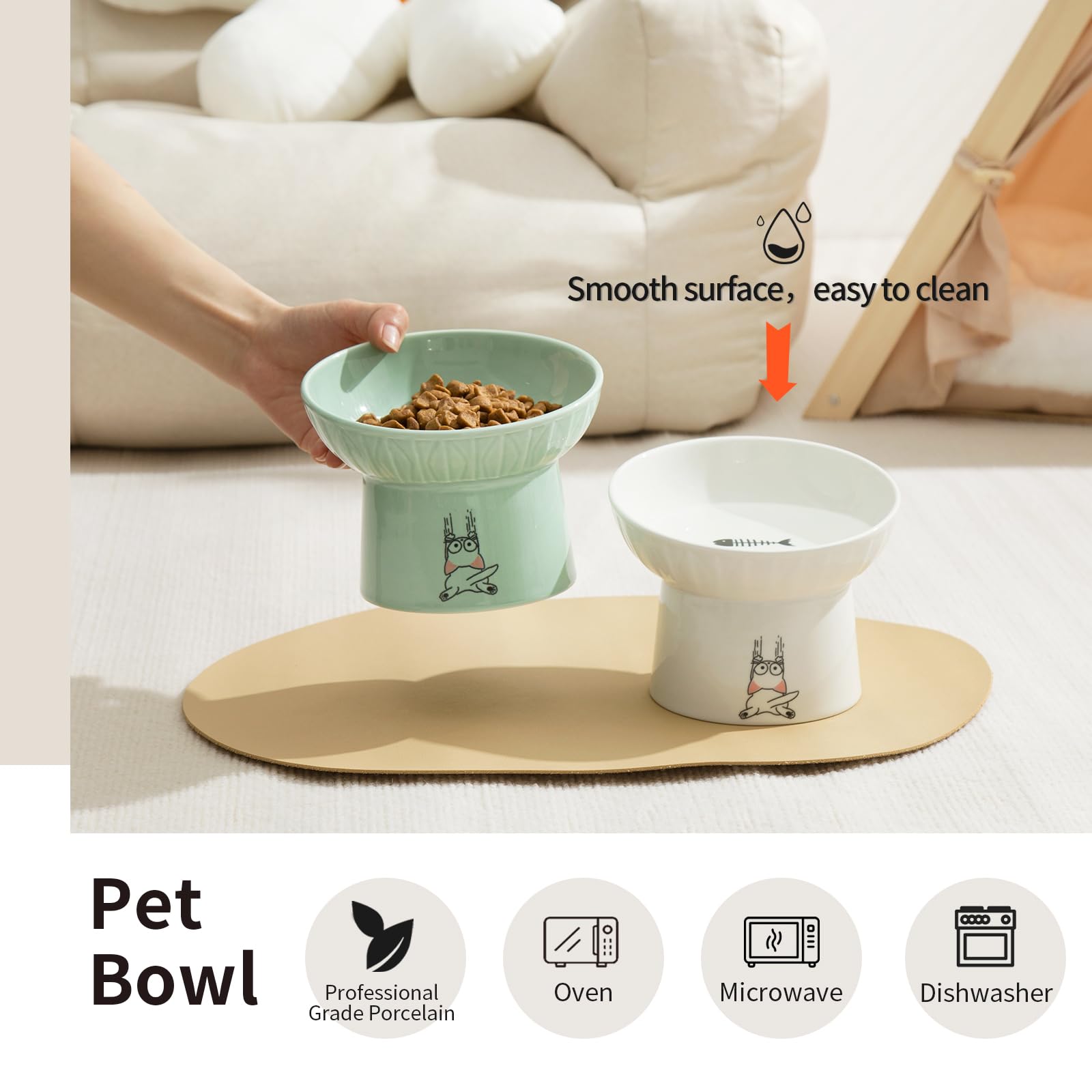 WUHOSTAM 6.5 Inch Extra Wide Raised Tilted Cat Bowls, Ceramic Elevated Cat Food and Water Dish, Slanted Pet Feeding Bowl, Anti Vomiting Cat Bowl, Protect Pet's Spine for Big Cats, 2 Pack(White&Green)