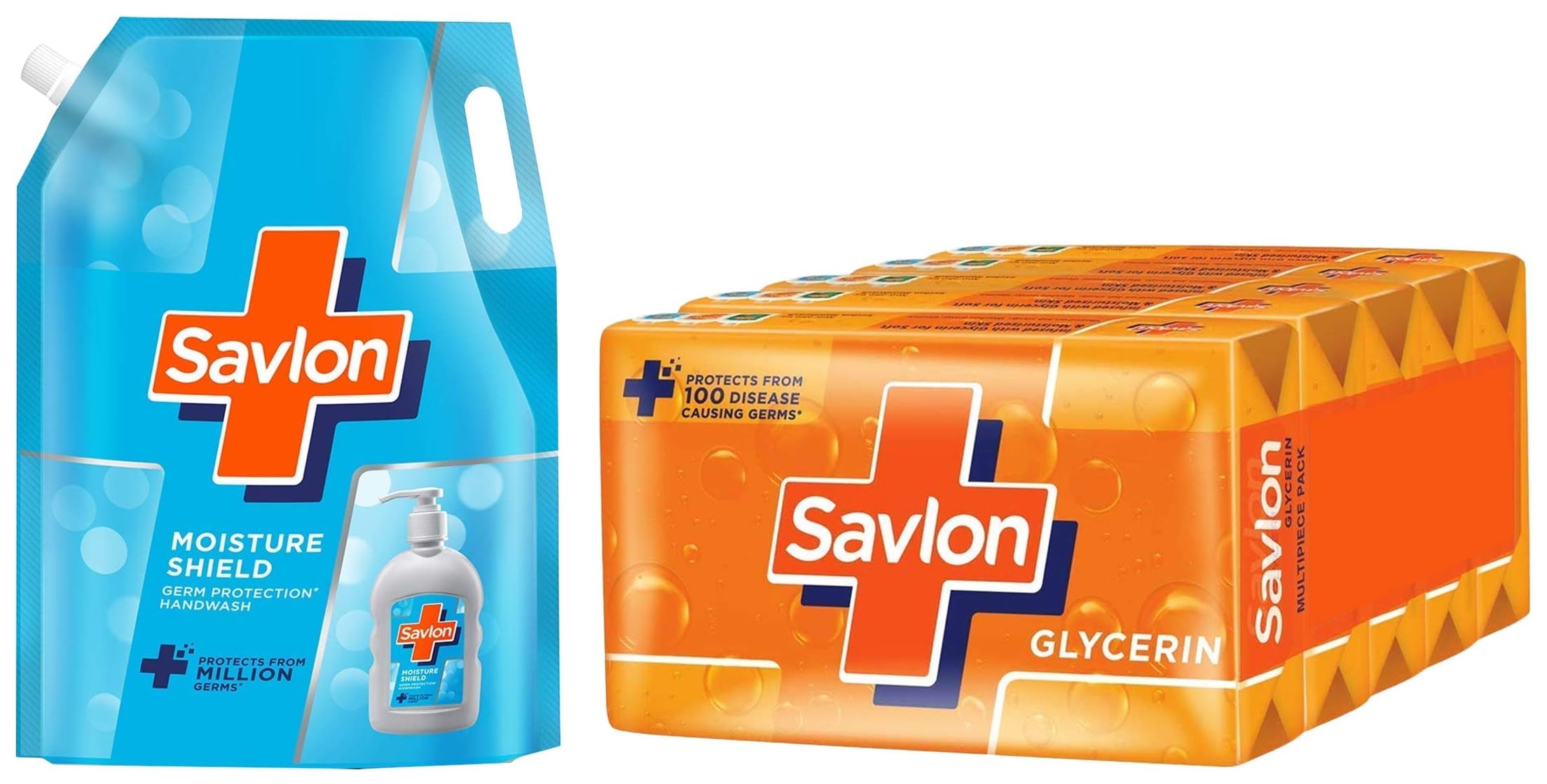 Savlon Moisturizing Glycerin Soap Bar With Germ Protection, Pack Of 5-125G Each & Savlon Moisture Shield Germ Protection Liquid Handwash Refill Pouch, 1500ml