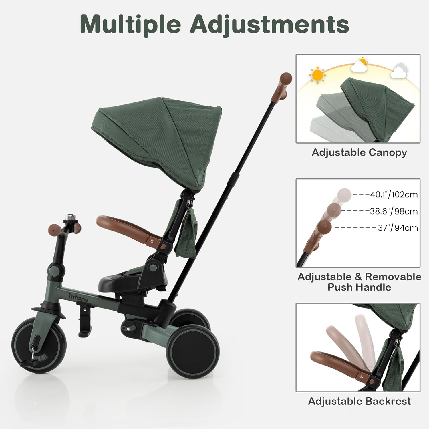 INFANS 9-in-1 Foldable Toddlers Tricycle, Converts Stroller to Balance Bike with Adjustable Push Handle, Canopy & Backrest, Pedal Conversion, Retractable Rear Wheels for 1-6 Years (Green)