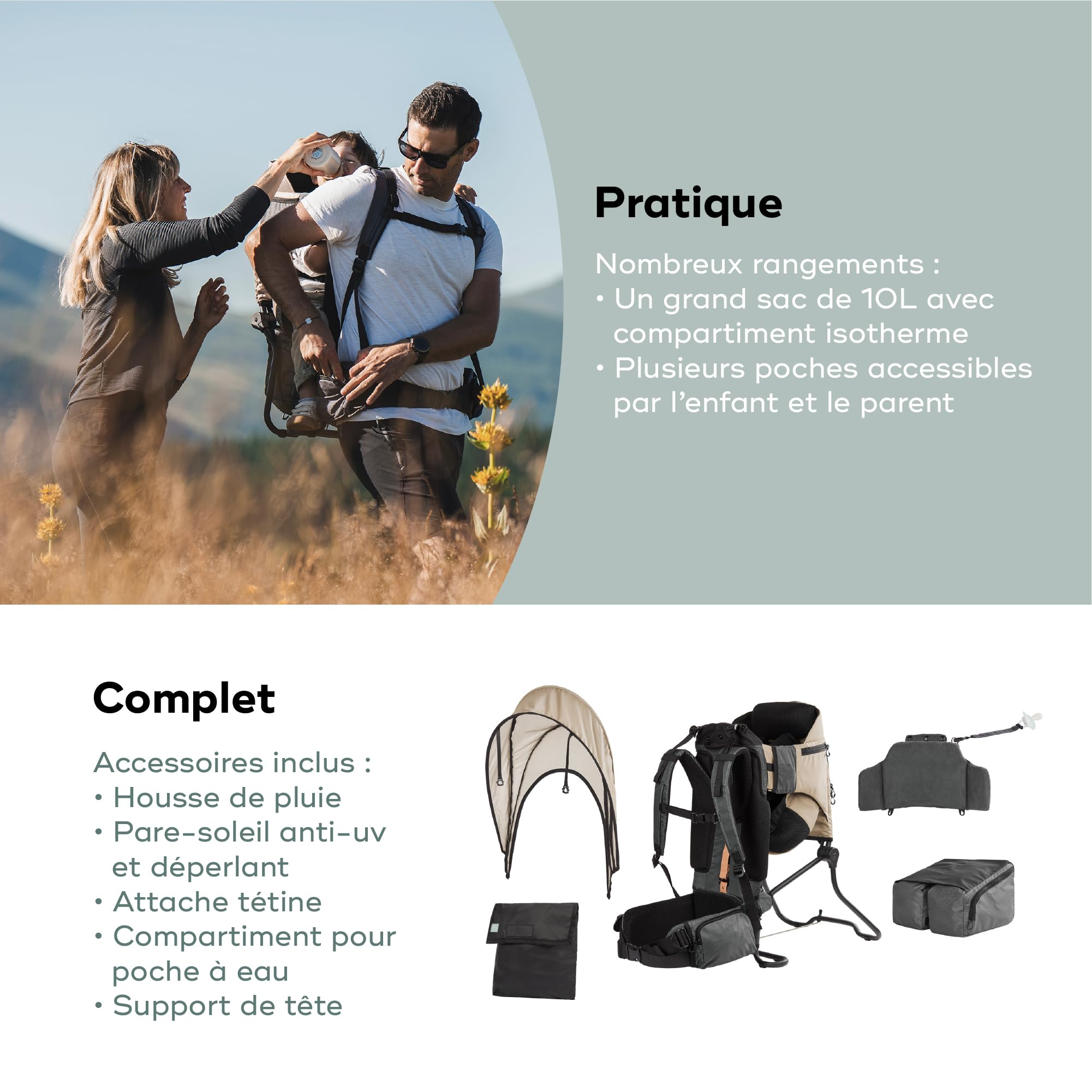 Babymoov Porte-bébé randonnée Moov&Hike + - Sac à Dos Confortable & Réglable - Siège Ajustable - Housse de Pluie, Sac à Langer 10L Inclus - Confort Enfant & Parent - Garanti à Vie