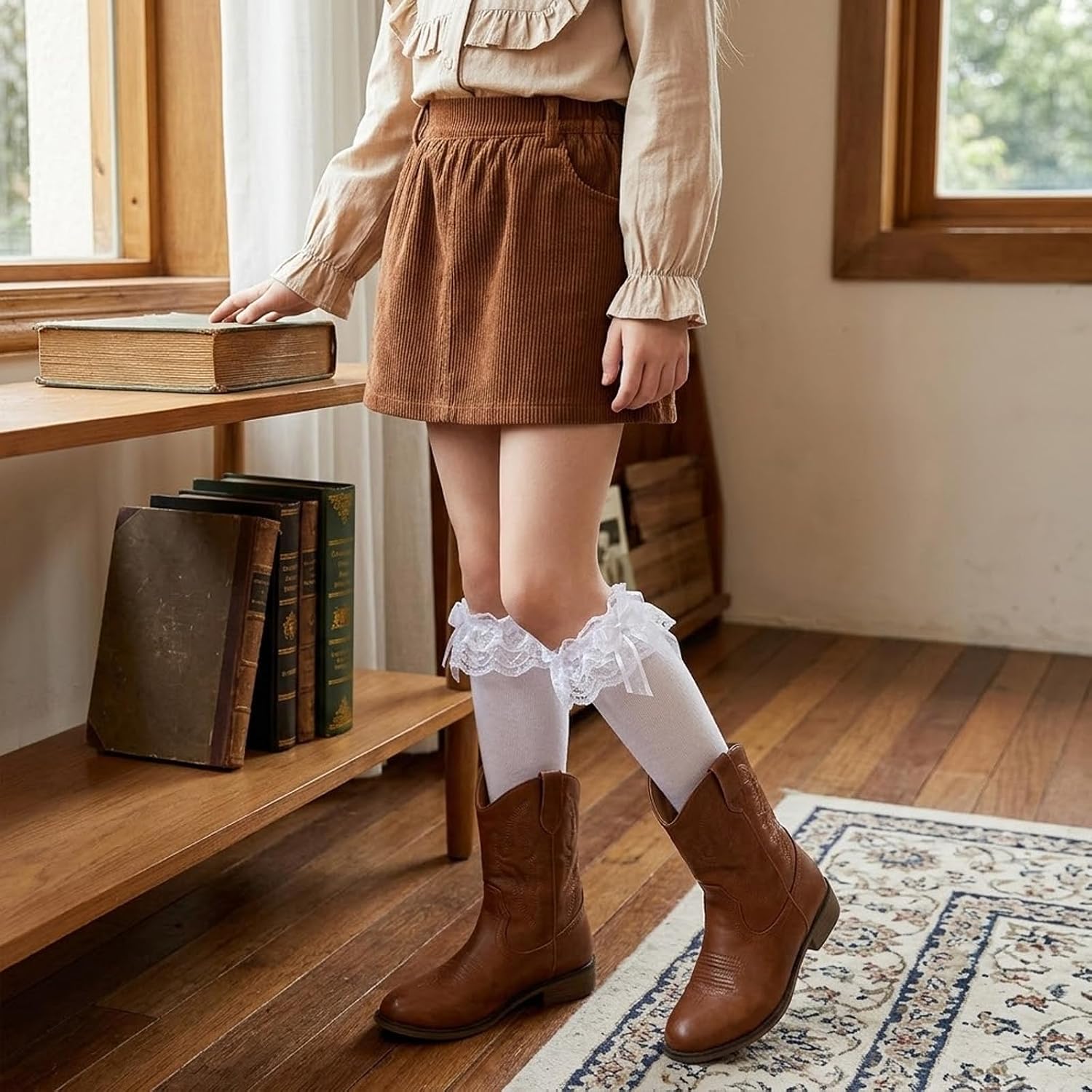 White Knee High Socks with Bow, Lace Ruffled Knee High Stockings